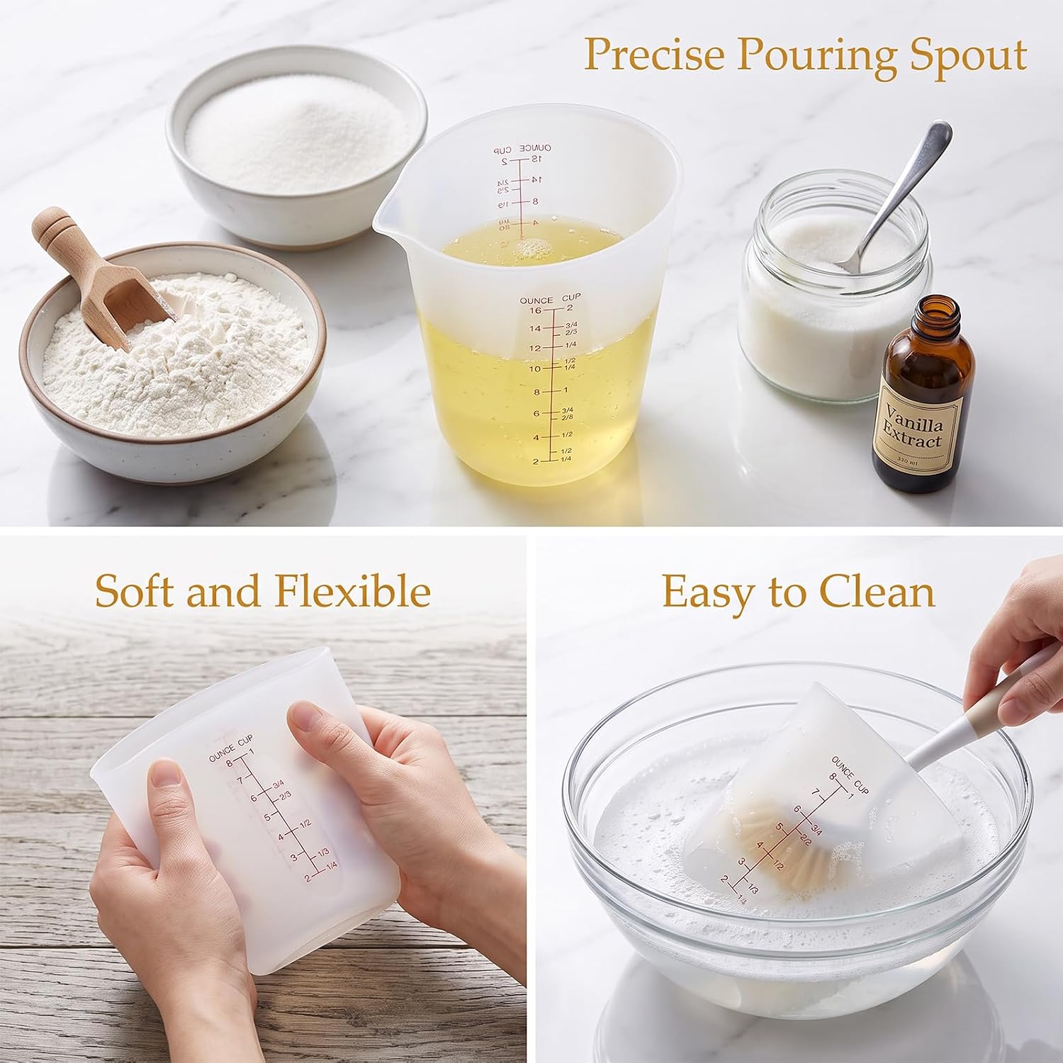 3Pcs Food Grade Silicone Measuring Cups, Flexible Silicone Cups for Melting Chocolate Almond Bark Melting Reusable Baking Measuring Supplies