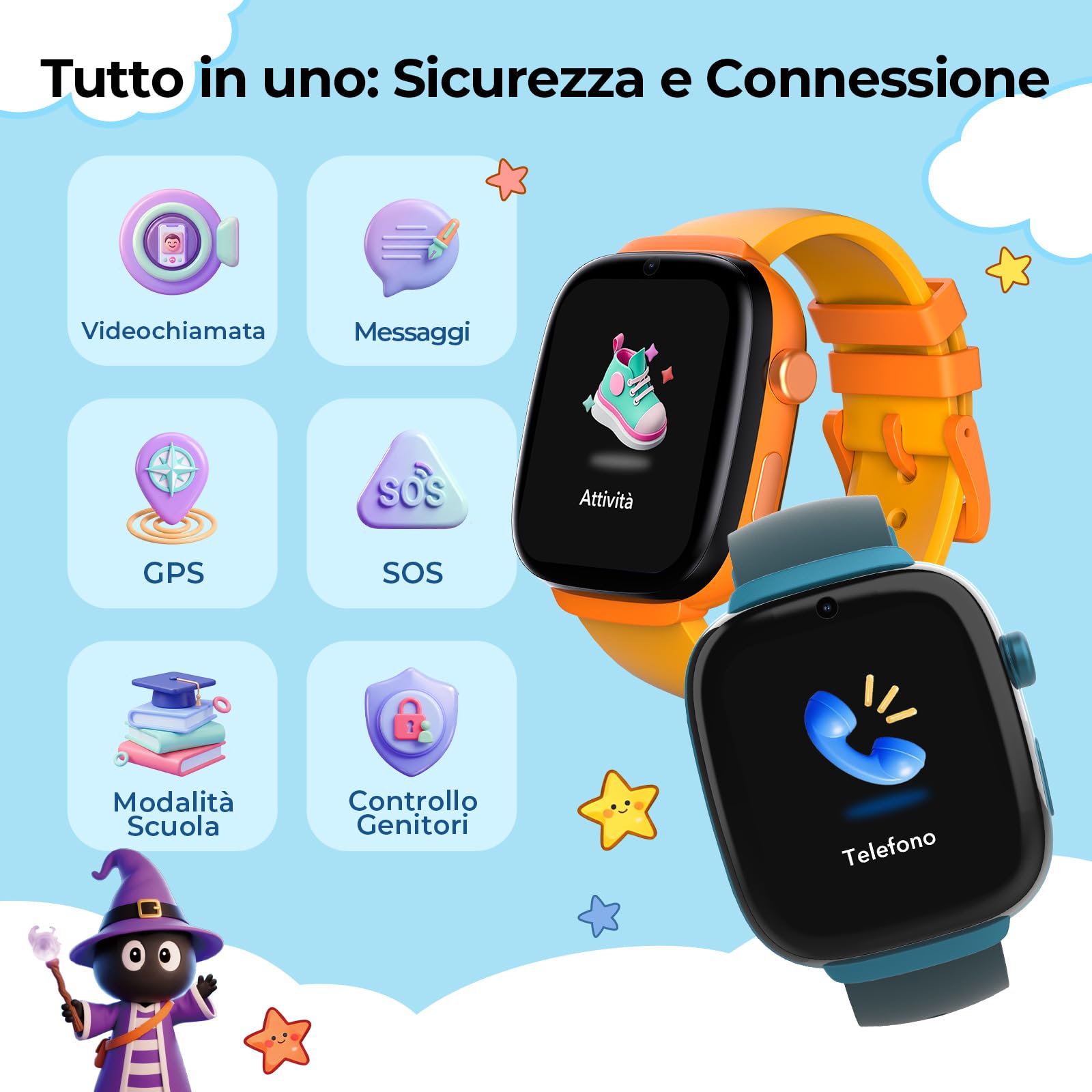 EIOTCLUB, Smartwatch per Bambini 4G, Scheda SIM Integrata, Chiamate Video HD e GPS+LBS+Wi-Fi, Funzione SOS e Zone Sicure, Modalità Classe e Controlli APP, Impermeabile IP68, Smartwatch per Bambini e