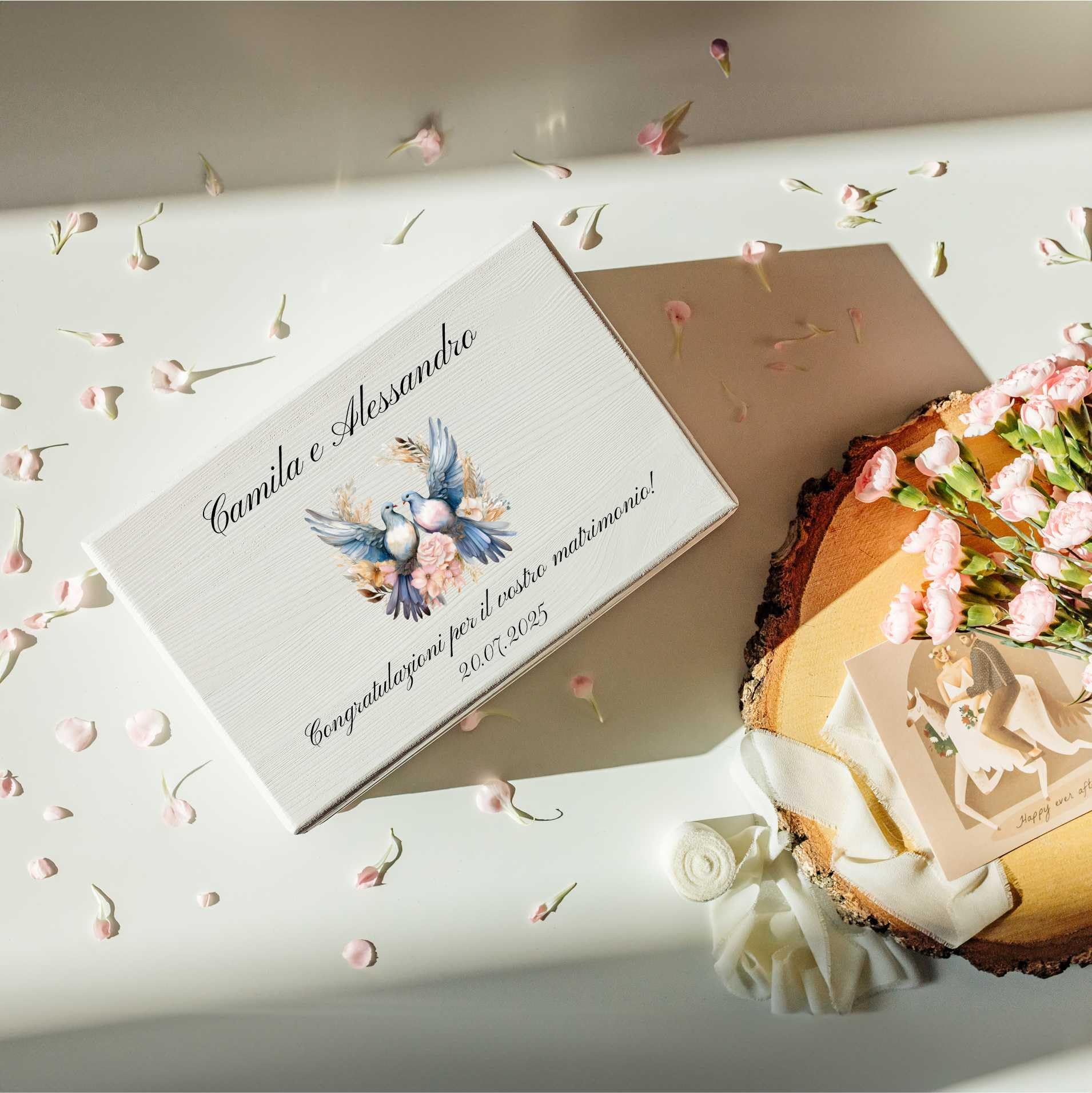 Creative Deco Scatola Ricordo Matrimonio Personalizzata, Colombe Blu | Bianca, in legno, incisione personalizzata, stampa a colori, scatola regalo per nozze