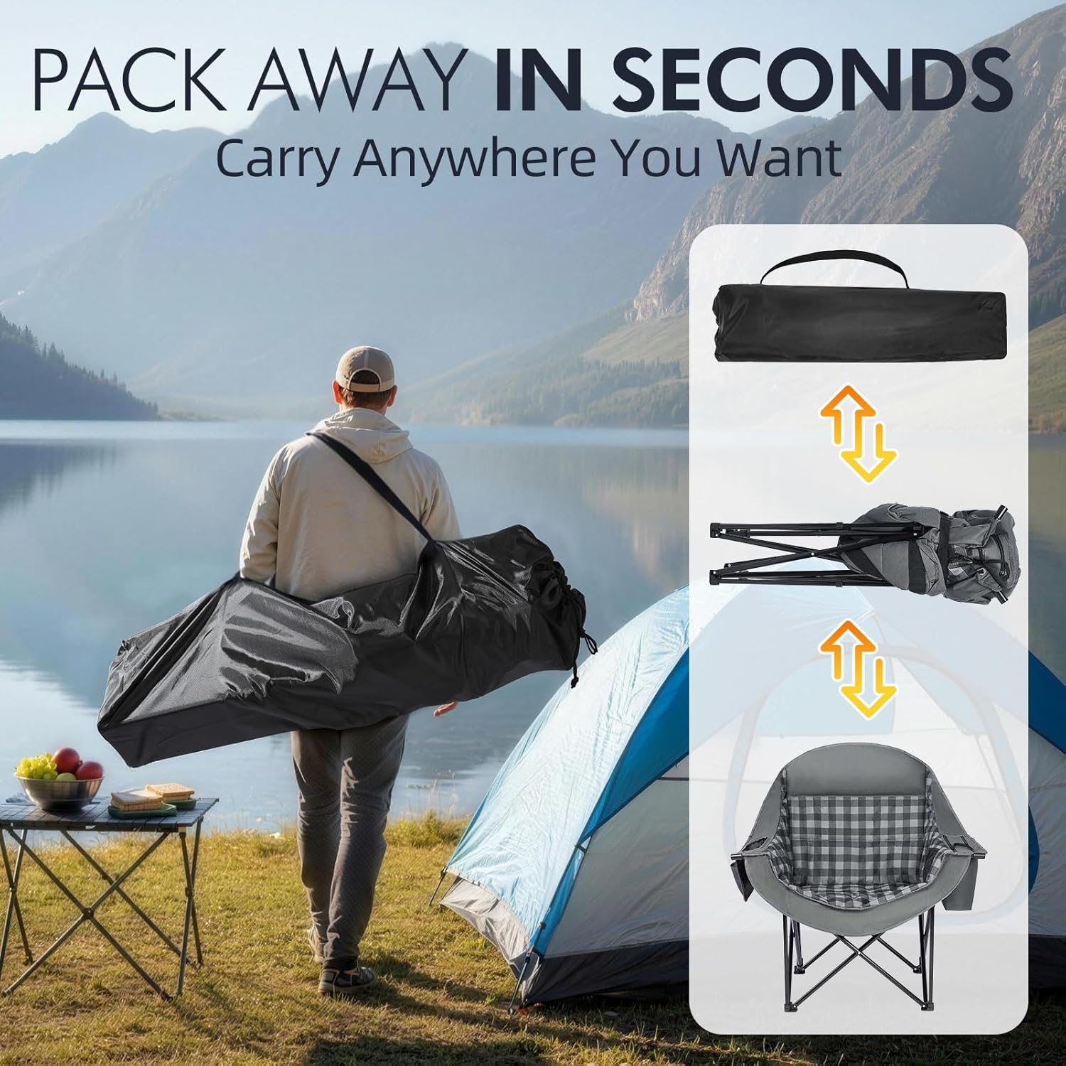 Oversized Camping Chairs for Adults - Heavy Duty Padded Outdoor Folding Lawn XL Camp Chair with Cup Holder Cooler Pockets for Outside Sports Beach Fishing Garden Portable Supports 500lbs, Grey thumbnail