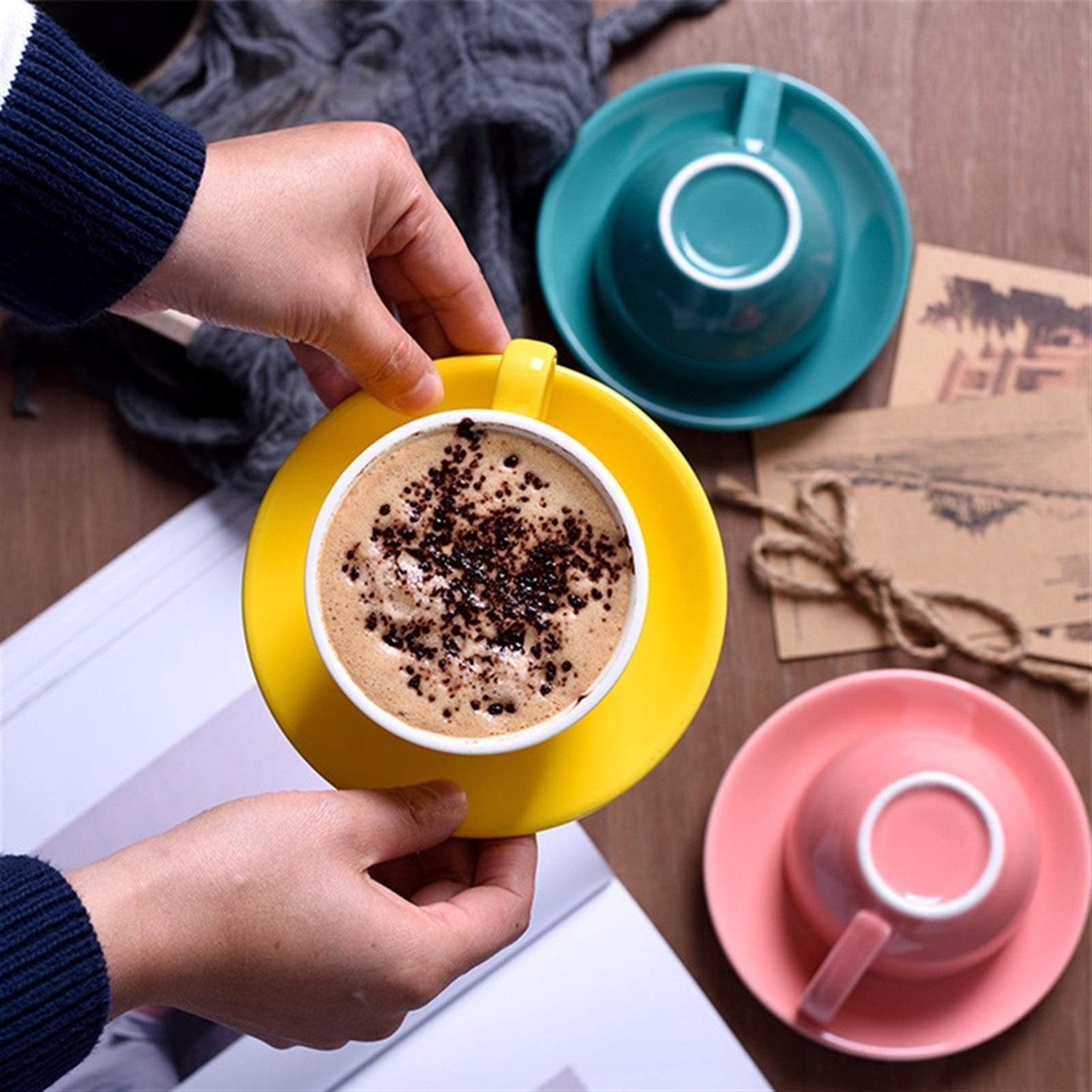 Duże ceramiczne kubki do kawy, Ceramiczny zestaw filiżanek i spodków do kawy herbaty, cappuccino, latte, wielokolorowy, 220 ml(G304855)