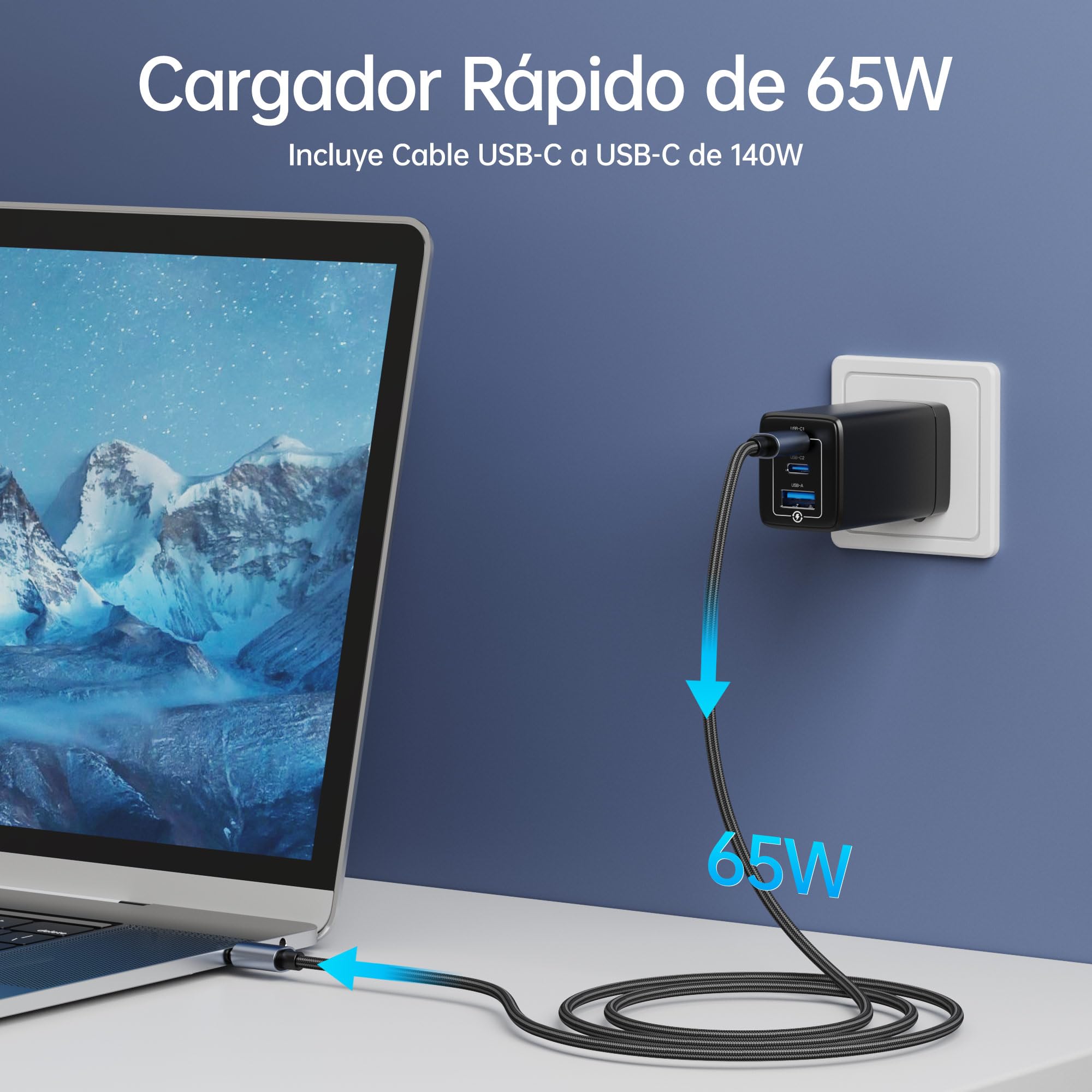 NOHON Cargador USB-C Carga Rapida: 65W GAN 3-Puertos PD3.0 Cargador | Enchufe USB C con 140W Tipo C Cable 1.2M | Compatible con MacBook Pro Air Airpods iPad iPhone 14 13 12 11 Samsung Galaxy S
