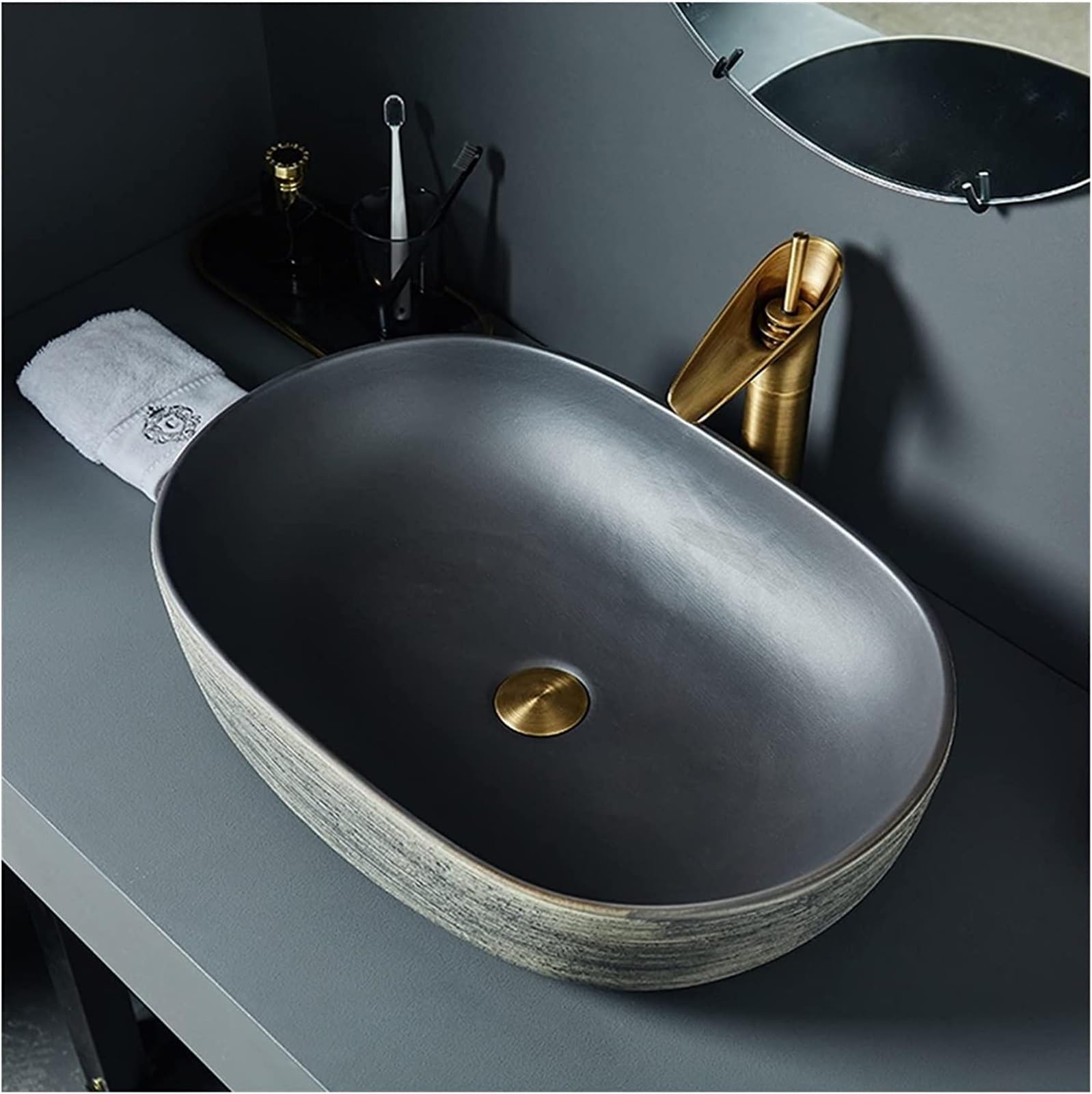 ASerZenith Bathroom Vessel Sink Ceramic Bathroom Sink Bathrooms Basin Grey Oval Countertop Sink Ceramic Vessel Bathroom Sink Single Bowl For Cabinet Lavatory Vanity Bathroom Sink(Sinkonly)