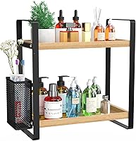 LEMIKKLE 2-Tier Wooden Bathroom Counter Organizer with Side Basket - Vanity Skincare, Kitchen Spice Storage Rack