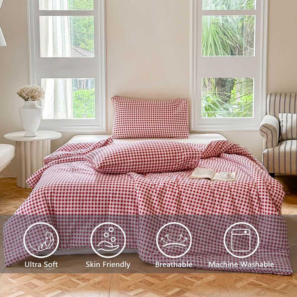 NSNLGSGC Red Gingham Cotton Comforter Set Queen, 100% Washed Cotton Plaid Checked Comforter Bedding, 3 Pieces Vintage Farmhouse Grid Bedding Set(Red Gingham, Queen) - Image 3