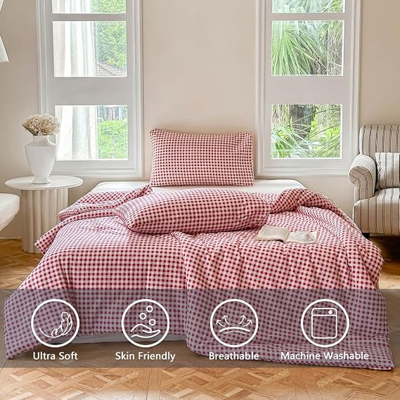 NSNLGSGC Red Gingham Cotton Comforter Set King, 100% Washed Cotton Red Plaid Checked Comforter Bedding, 3 Pieces Vintage Farmhouse Grid Bedding Set(Red Gingham, King)