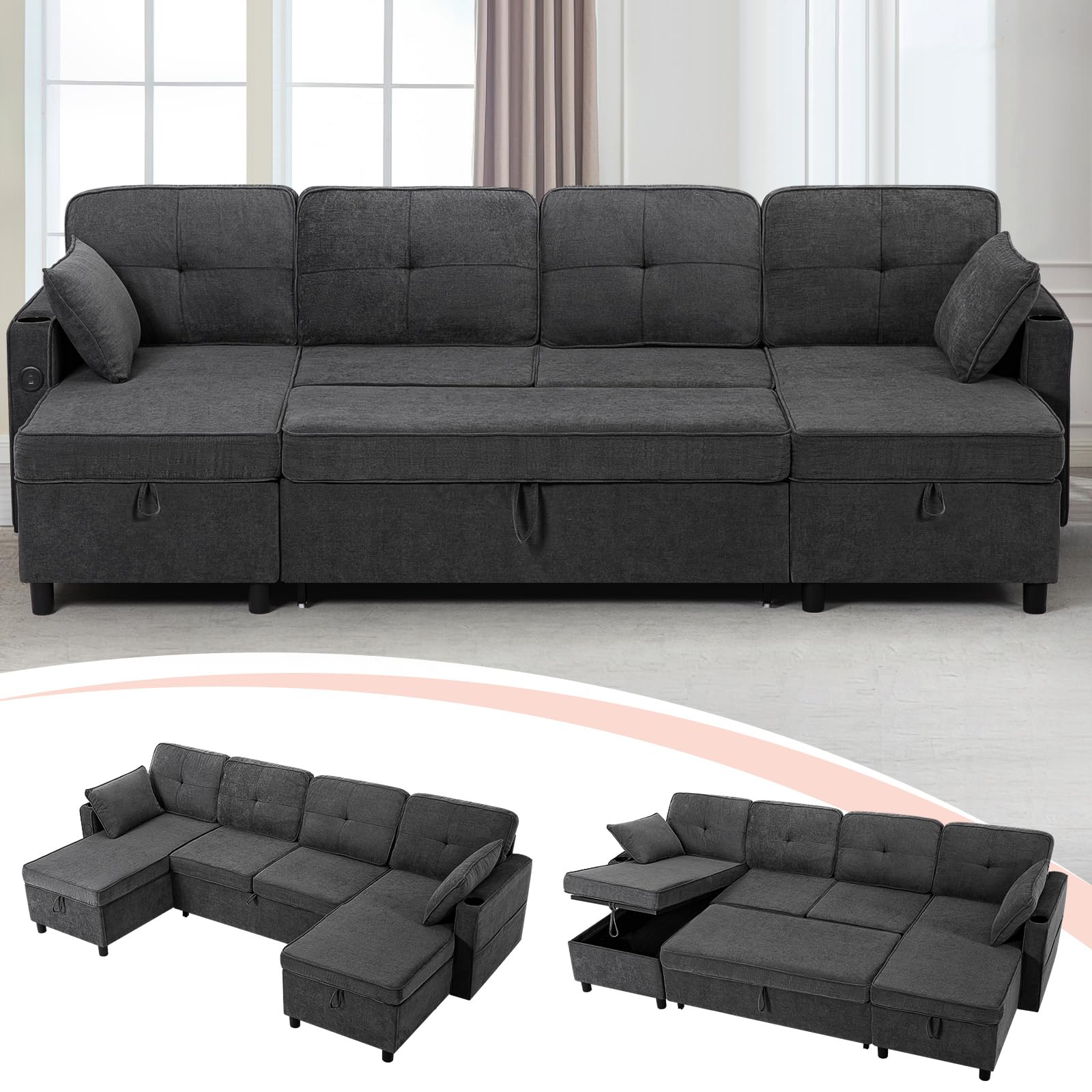 Nansiee 110 Inches U Shaped Sofa w/Adjustable Back & Pull-Out Sofa Bed, Fabric Tufted Sectional Couch w/Storage Chaise &USB Charging Port, Modern