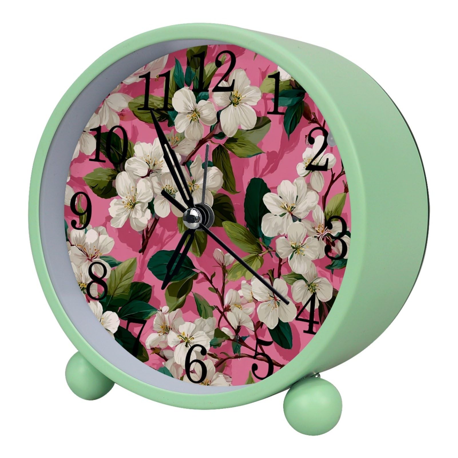 etoenbrc Watercolor Flowers Round Battery Operated Bedside Alarm Clock Non-Ticking Desktop Silent Analog Alarm Clock with Light