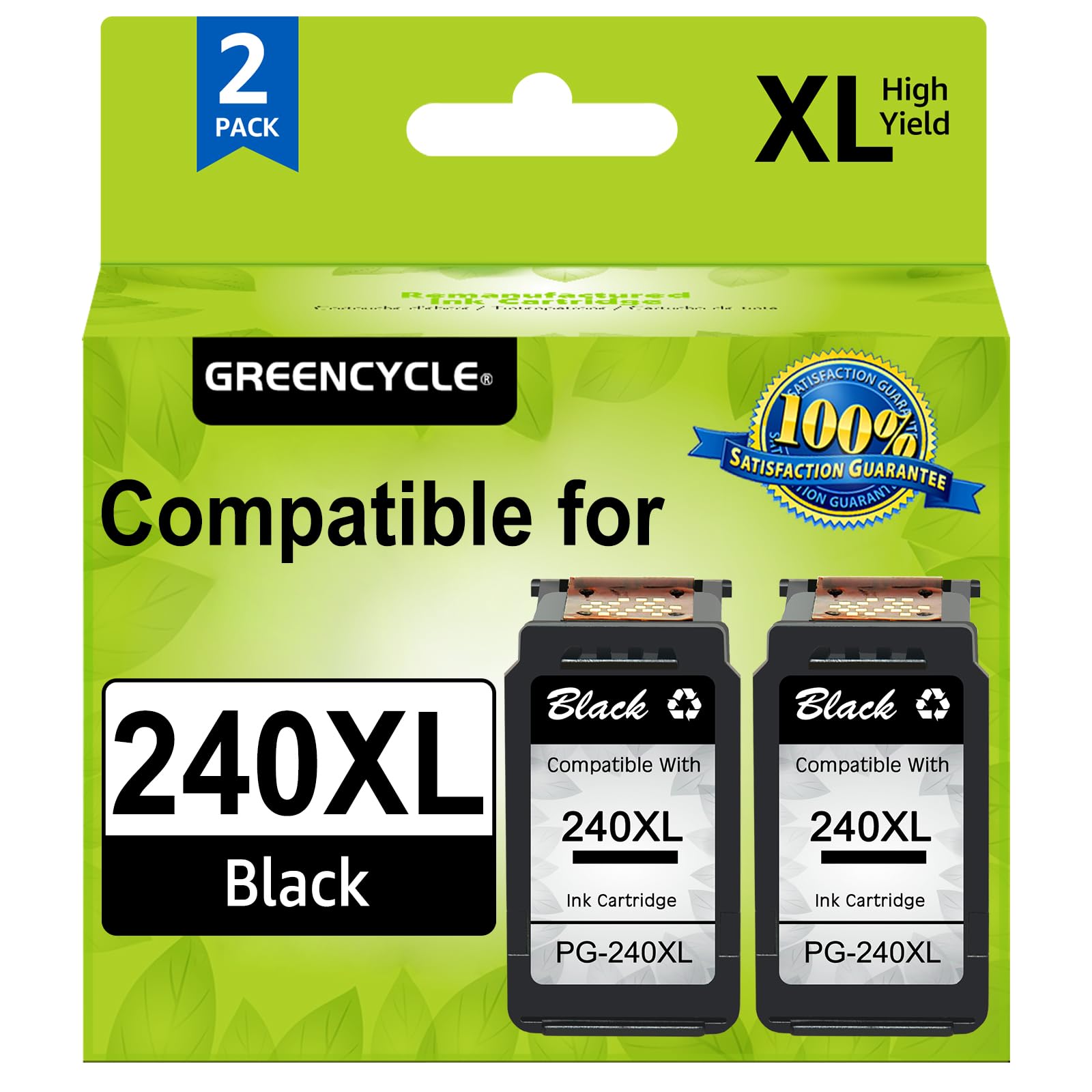 greencycle Re-Manufactured PG-240XL 240 XL Ink Cartridge Compatible for Canon PIXMA MG3620 MG4220 MG3220 MG2220 MX392 MX432 MX472 MX512 MG3522 MX522 MX532 Printer (Black, 2 Pack)