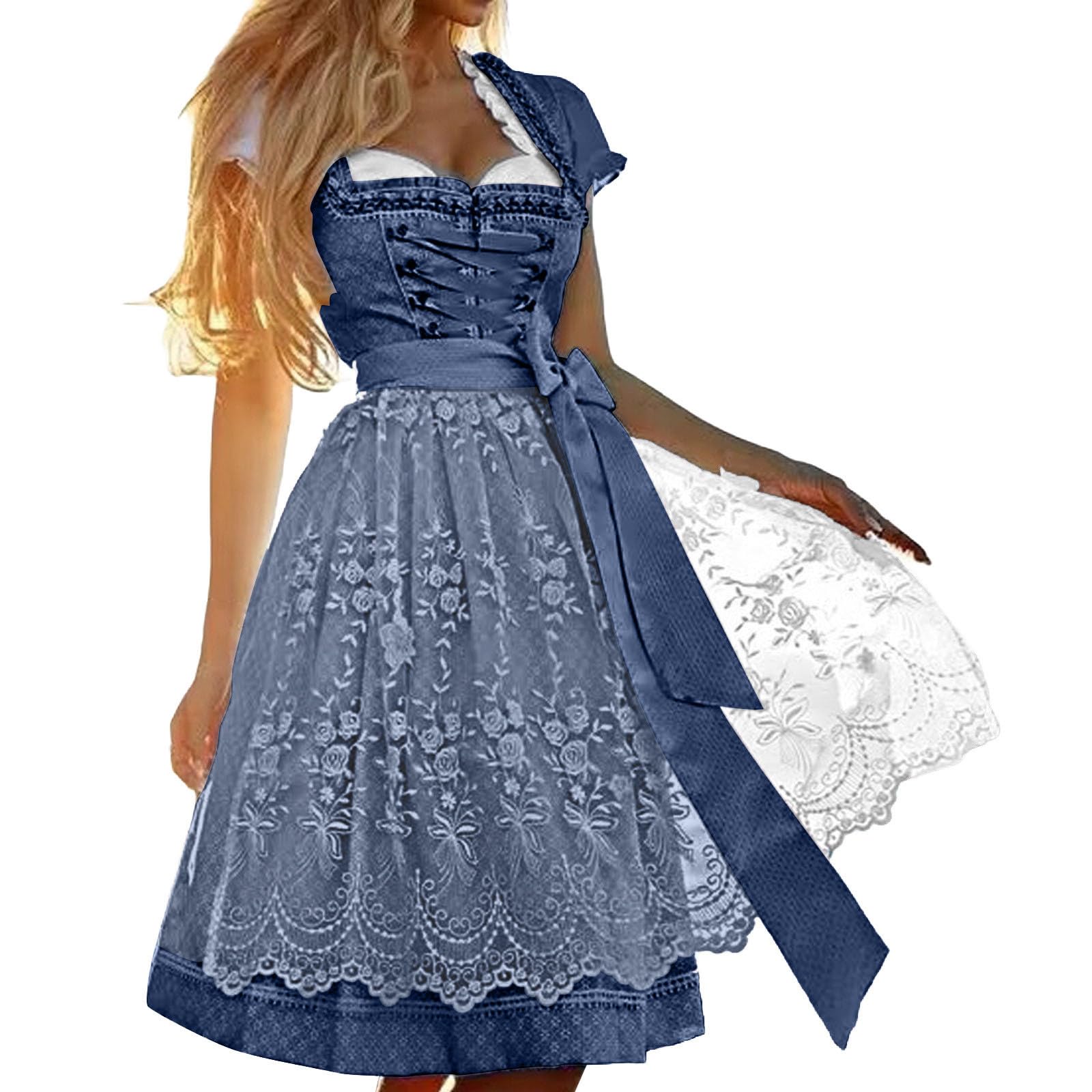 Oktoberfest - Costume tradizionale bavarese da Donna, Vestito Dirndl tedesco, taglie forti, grembiule scozzese, carnevale, Halloween, Cosplay, giochi di ruolo, Vestito Dirndl a Quadri (X1-Navy, XL)