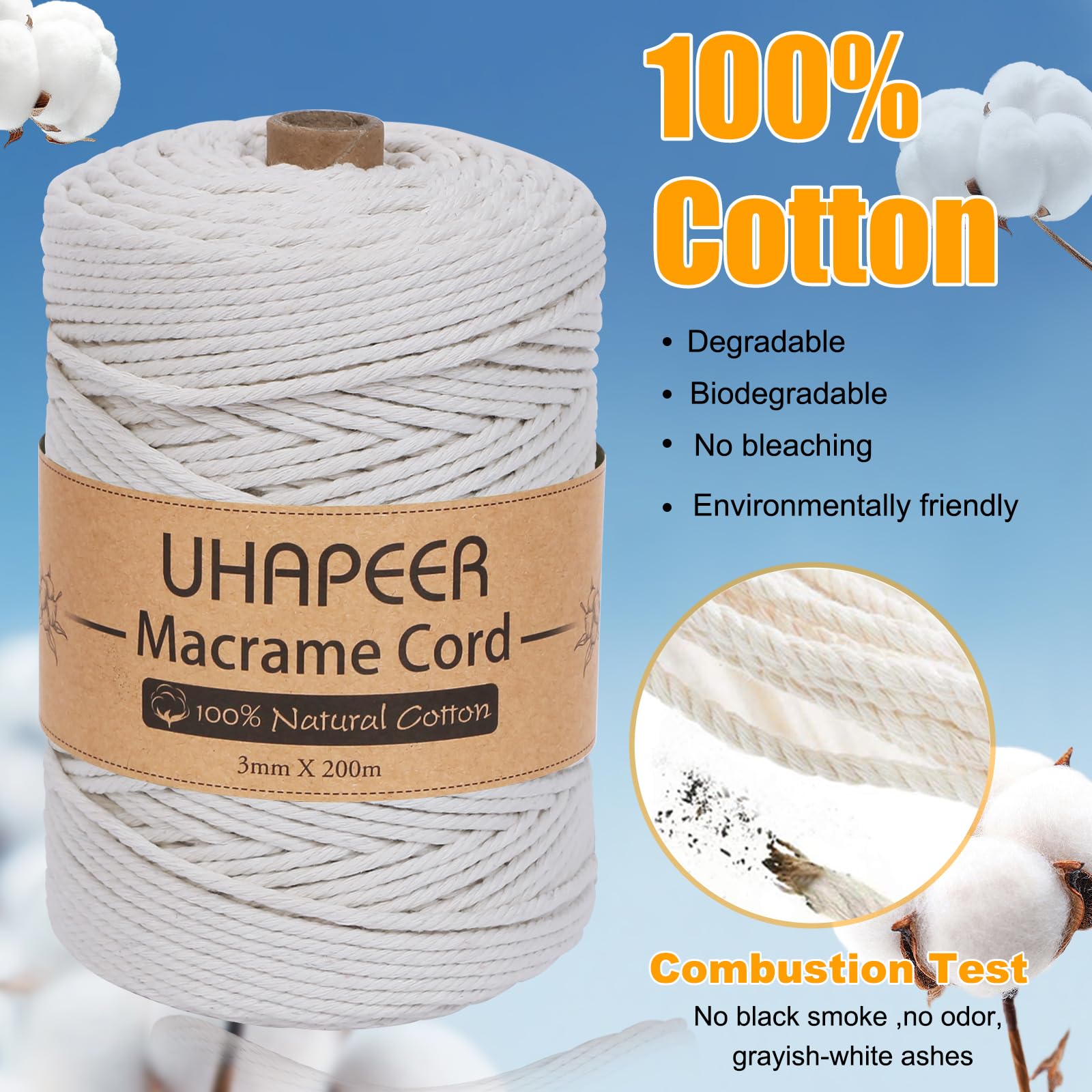 Kit Macramé UHAPEER 41 Pièces - Coton Naturel 3mm - Perles Bois - Pour Suspensions Plantes Et Déco Murale