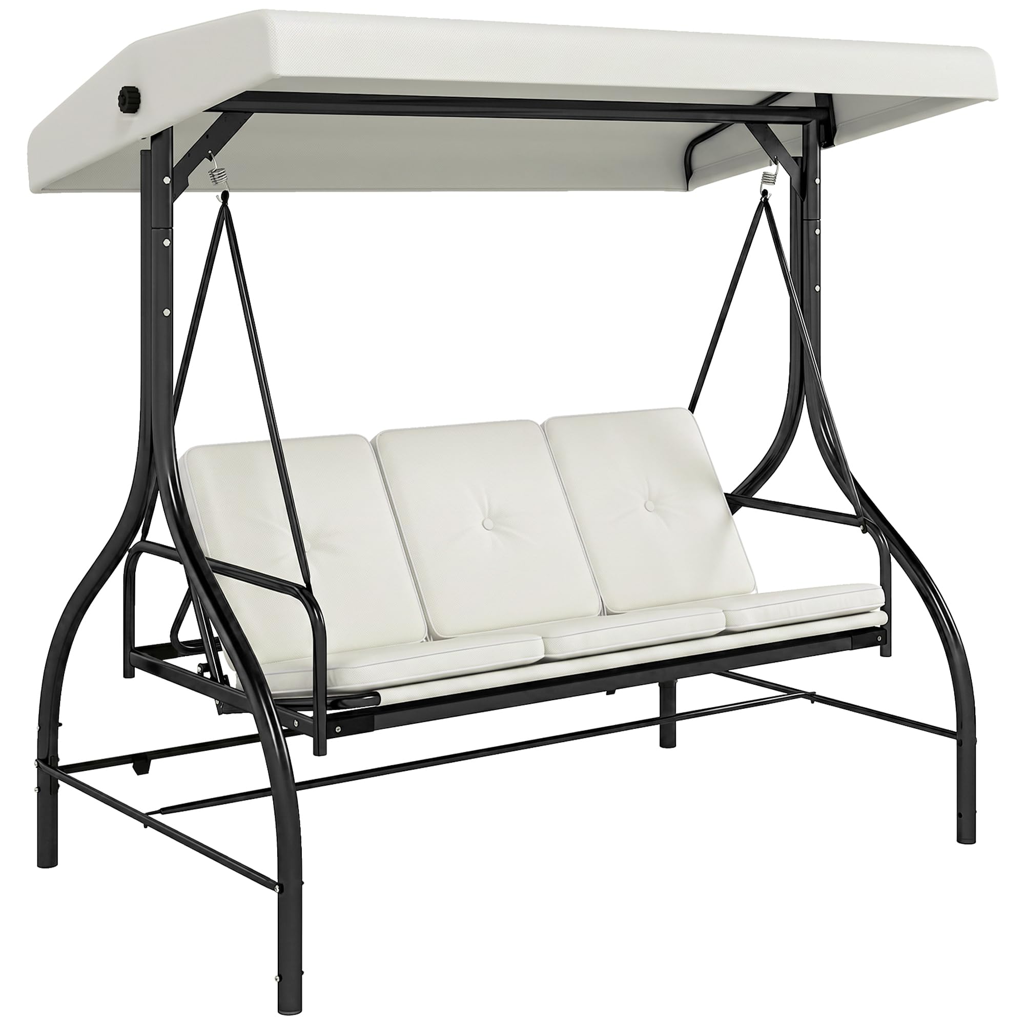 Outsunny 3 Seater Garden Swing Chair, 2 in 1 Convertible Patio Swing Seat Bed with Adjustable Canopy, Cushions and Metal Frame, Outdoor Hammock Bench Chair for Balcony, Terrace, Cream White