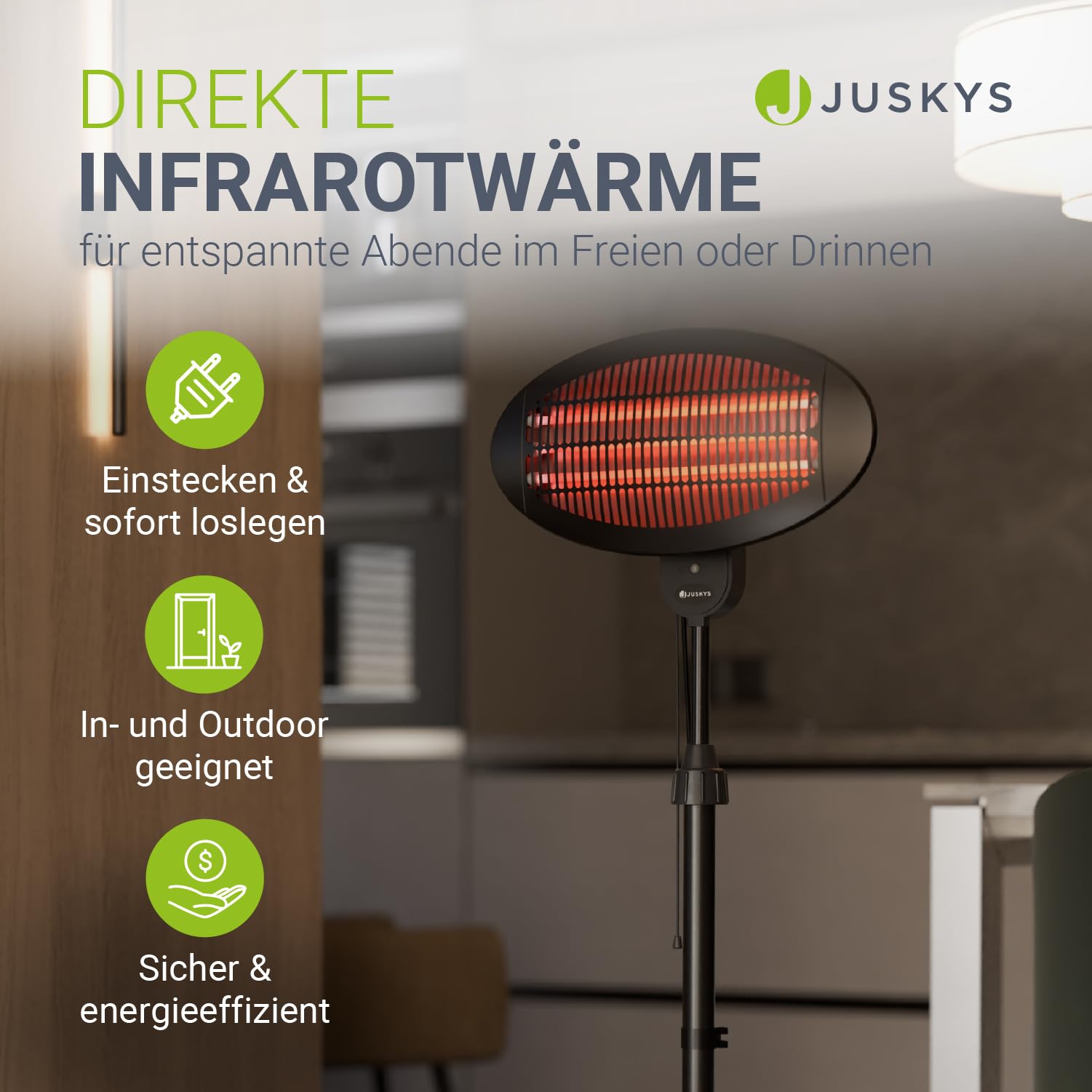 Juskys Infrarotstrahler 2000 W – Heizstrahler in Schwarz, höhenverstellbarer Standheizstrahler, 3 Heizstufen für Terrasse & Garten