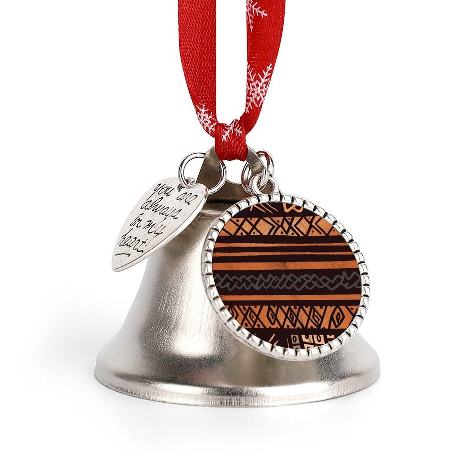 African Mud Cloth Tribal Bell Ornament Red Ribbon for Christmas Tree Holiday Decoration Personality Believe Bell Ornaments Sleigh Bells for Winter New Year Party Supplies