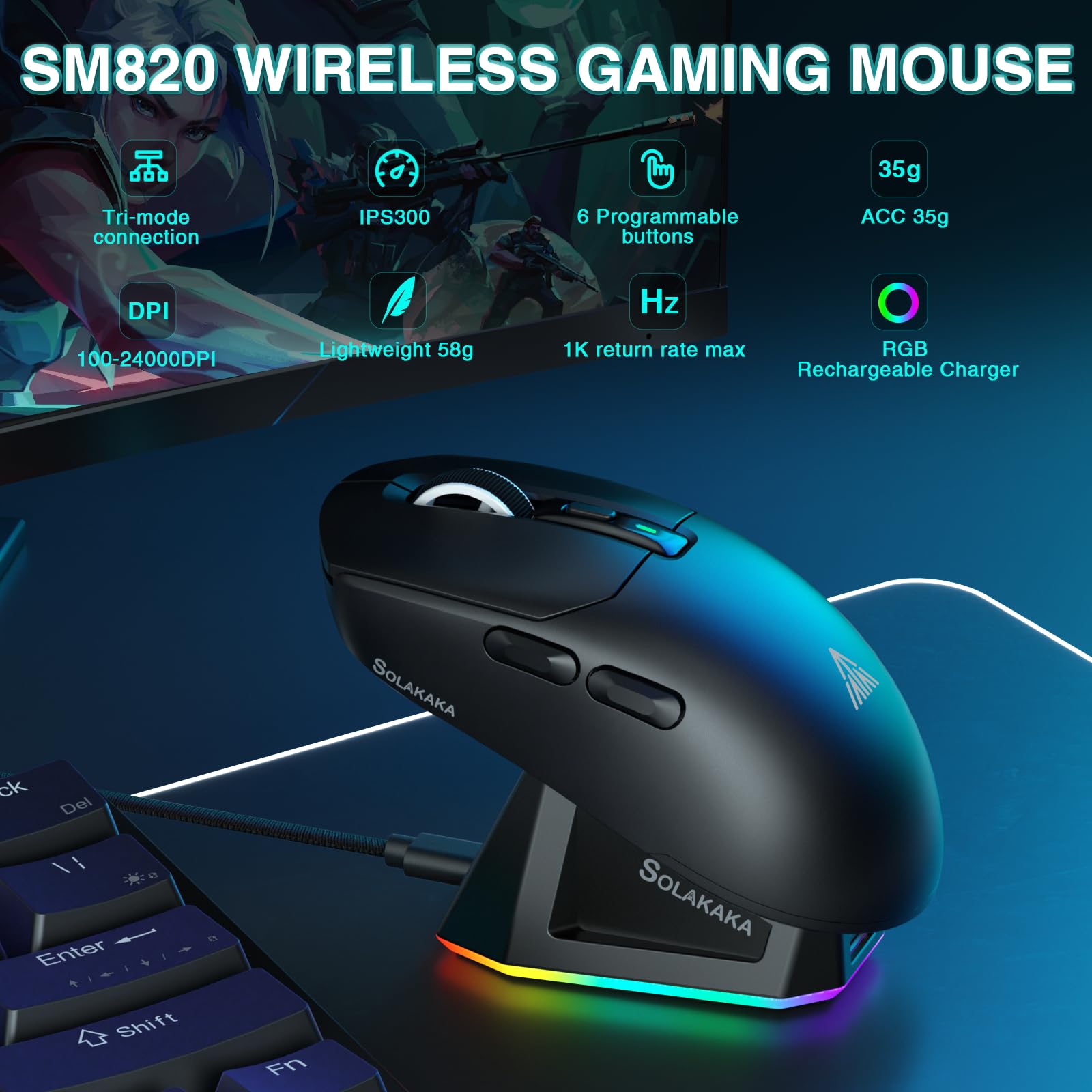 SM820 Wireless Gaming Mouse with RGB Charging Dock,24000 DPI Tri-Modes Wireless Mouse with 2 Side Buttons,Programmable Macro Mouse for Gaming(Black)