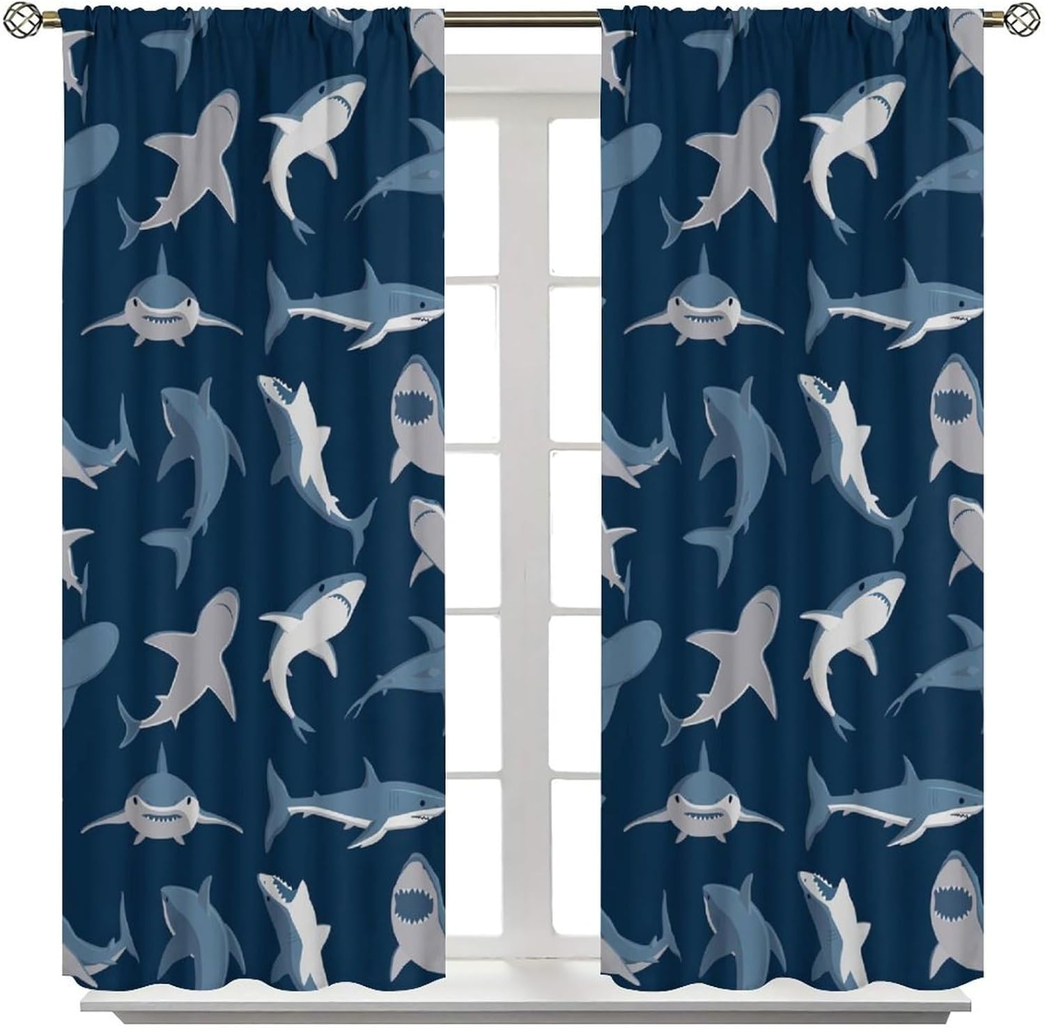 Kids Sea Animal Curtains for Teens Boys Girls Bedroom Nursery Decor Cartoon Sharks Art Printed Blackout Window Drapes Fabric Set 2 Panel 84x84 Inch 80% Shading Rate