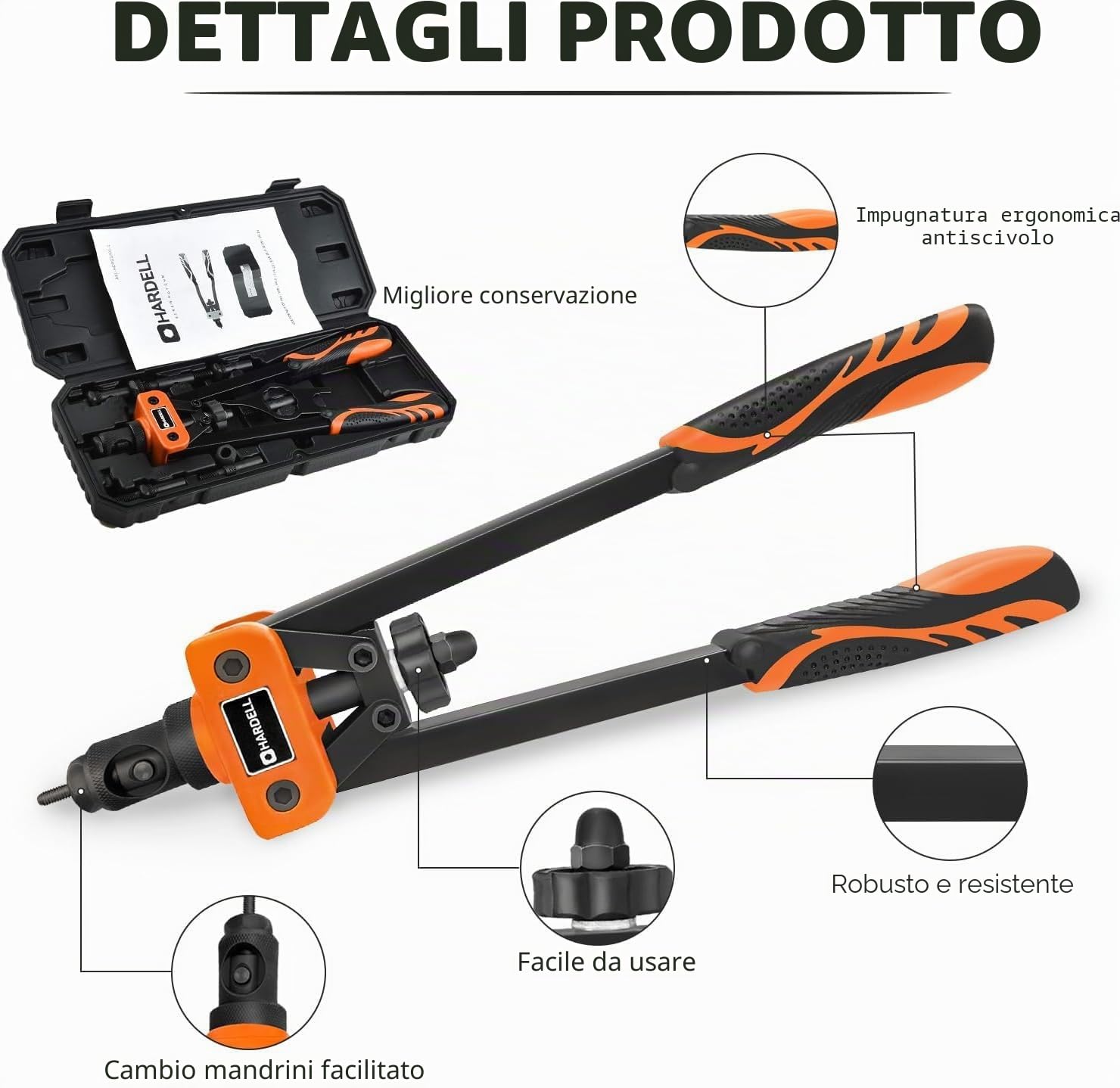 HARDE Rivettatrice Per Trapano, 14"Professionale Manuale Rivettatrice Pistola con 6pz Mandrini Metrici Intercambiabili E 150pz Rivetti Dadi Filettati M3 M4 M5 M6 M8 M10(35.5cm)
