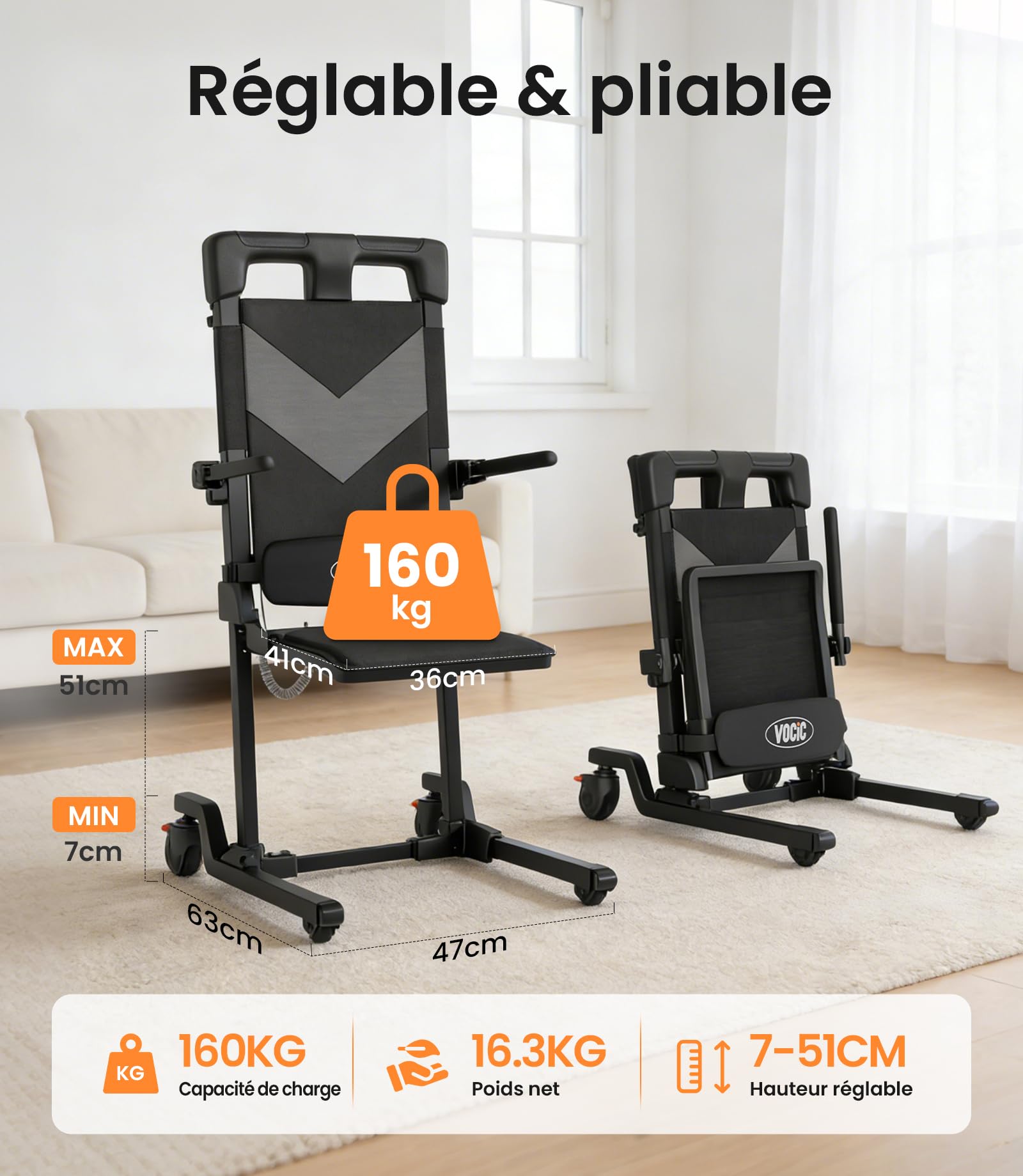 VOCIC AX35 Aide au relevage avec Transfert, roulettes et Freins | Senior domicile, aide après chute, lève-personne transfert, lit canapé fauteuil roulant, 4 roues avec freins compact 160KG