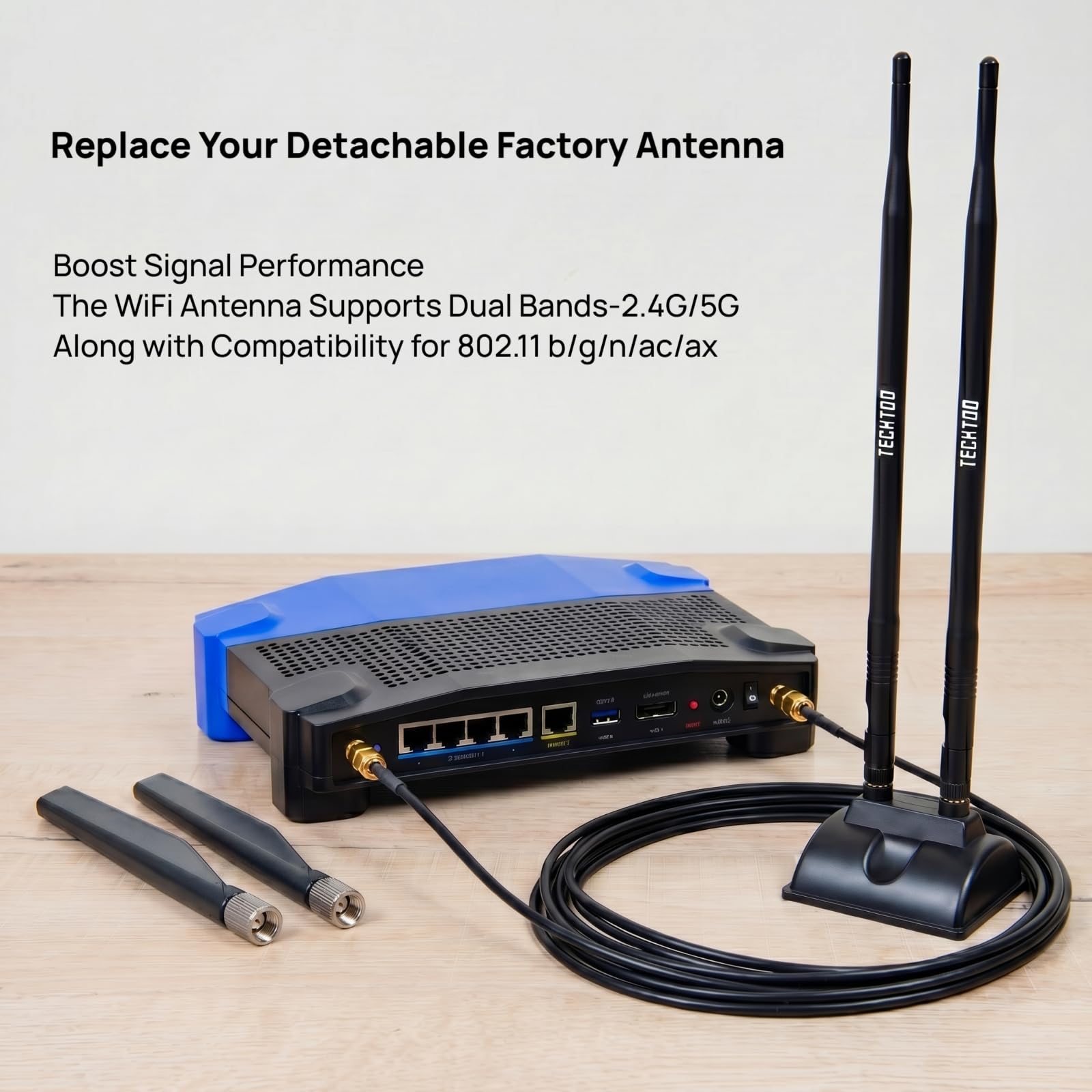 TECHTOO Antenne WiFi 9 dBi 2,4 GHz Connecteur RP-SMA avec base magnétique et câble d'extension de 1,2 m pour PC de bureau, ordinateur de bureau, carte réseau sans fil, carte réseau sans fil, carte