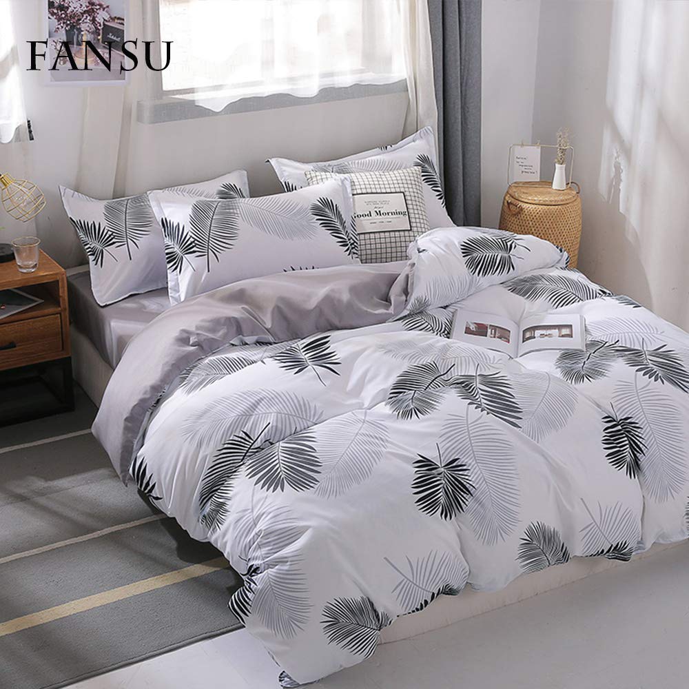 Fansu Girls Gray Palm Leaf Duvet Cover Bedding Set 4-Piec, Modern Brushed Microfiber 1X Quilt Cover 1 X Flat Sheet 2 X Pillowcases For Kids Bedroom Double Size (220X240cm-2.2M,)
