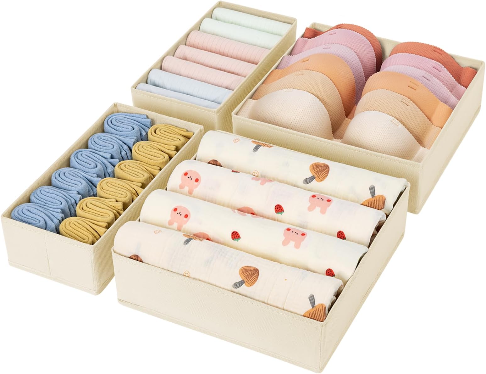 DIMJ 4Pack Underwear Drawer Organiser Sock Storage Dresser Dividers, Beige | Excellent for fashion lovers with large collections of socks, ties and lingerie to organise