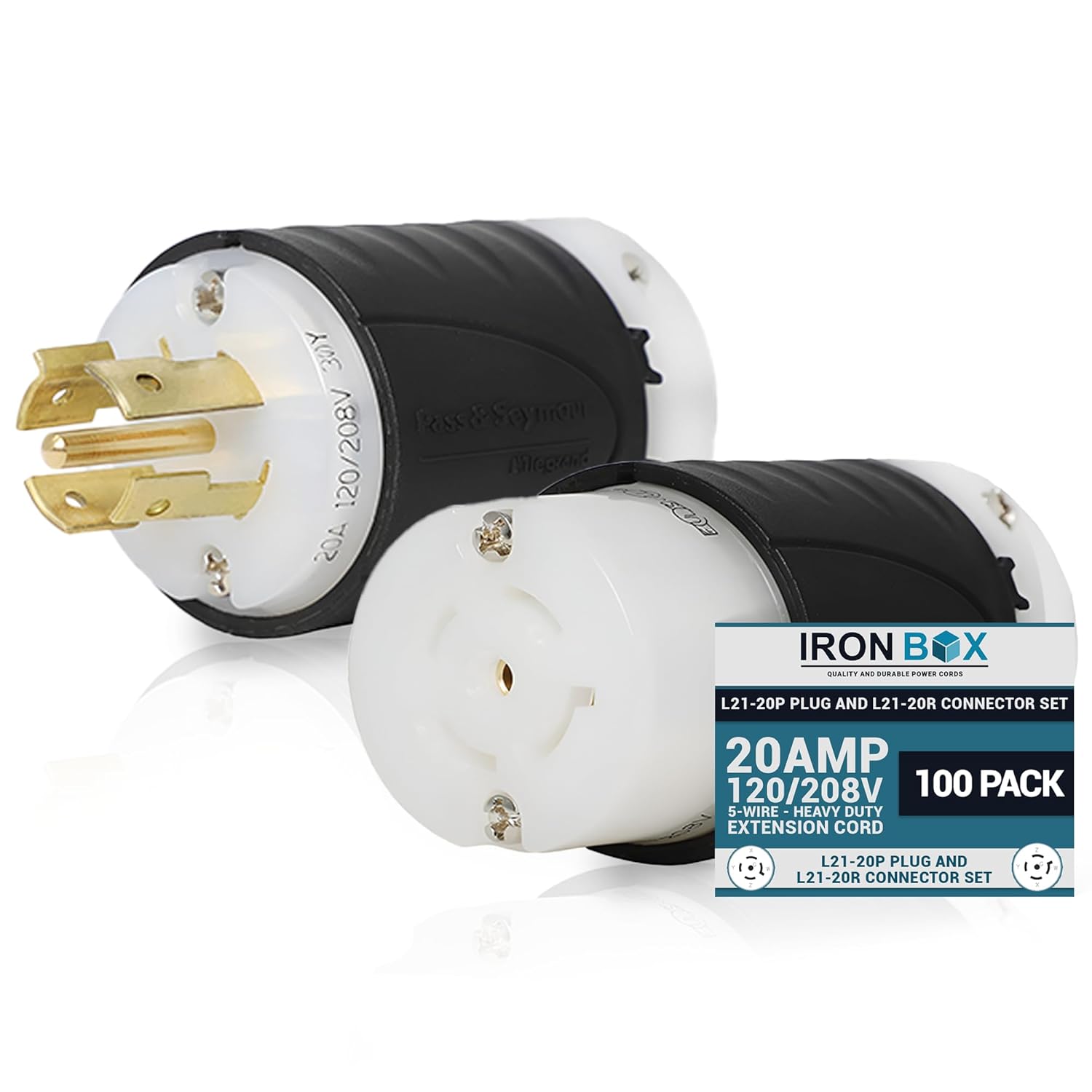IronBox Electric L21-20P Plug and L21-20R Connector Set - 20A, 120/208V, 5-Wire - Heavy Duty Extension Cord End Replacement - UL Listed Plug and Connector for 4160W Generators and More (Pack of 1)