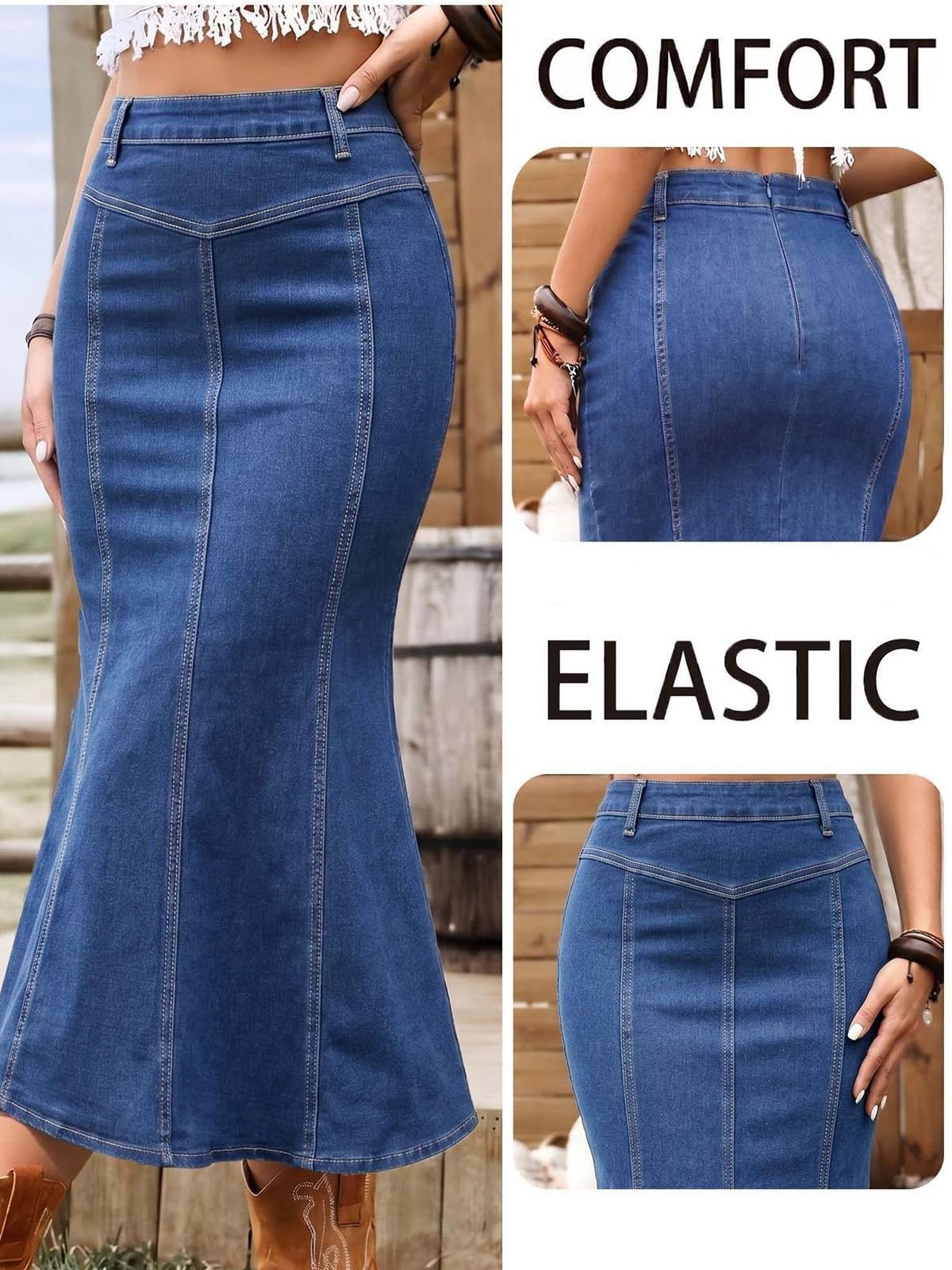 Gonna In Denim Da Donna,Gonne Midi In Jeans A Coda Di Pesce,A Vita Alta