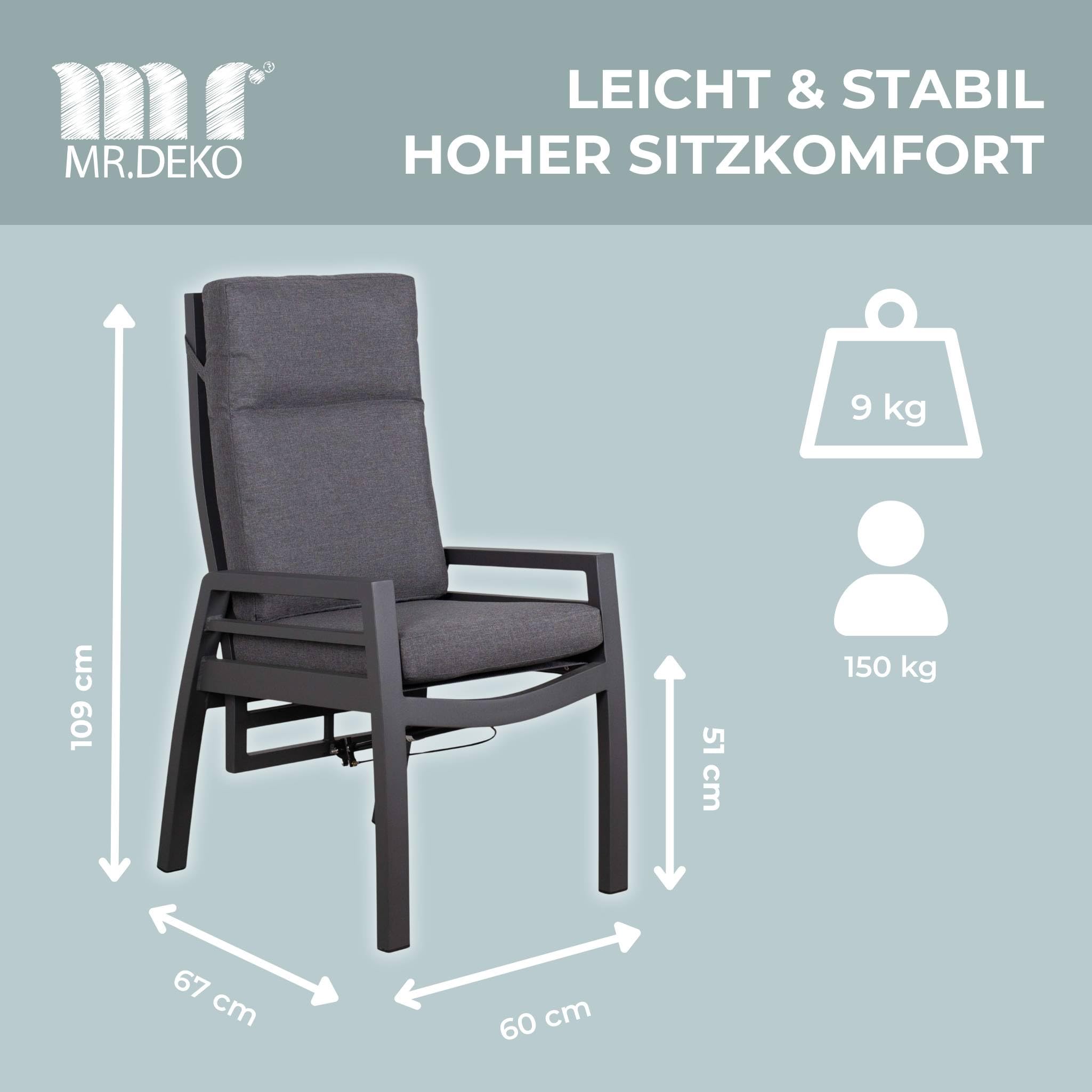 MR. DEKO Merida fotel relaksacyjny z aluminium/tekstylenem, w zestawie z poduszkami antracytowymi, rama aluminiowa i tekstylen w kolorze antracytowym | oparcie regulowane sprężyną gazową | idealny do
