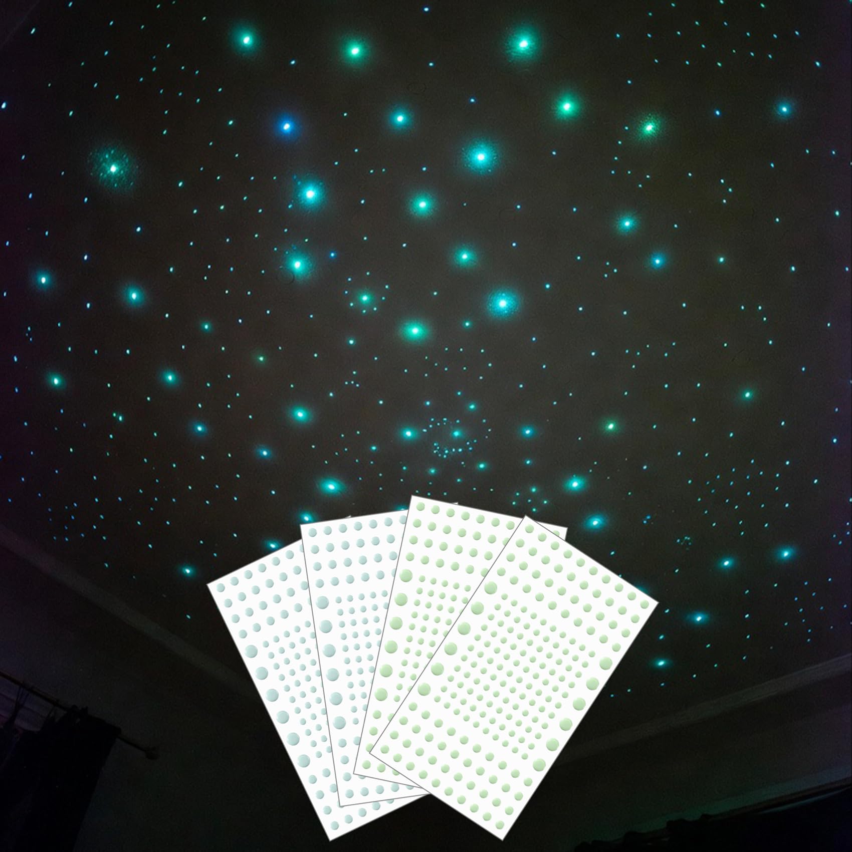 Hufopik 808 PCS Glow in The Dark Stars for Ceiling, Glowing Wall Decals Decor Stickers,(404 Pcs Green and 404 Sky Blue) 3D Adhesive Dots Decor Starry