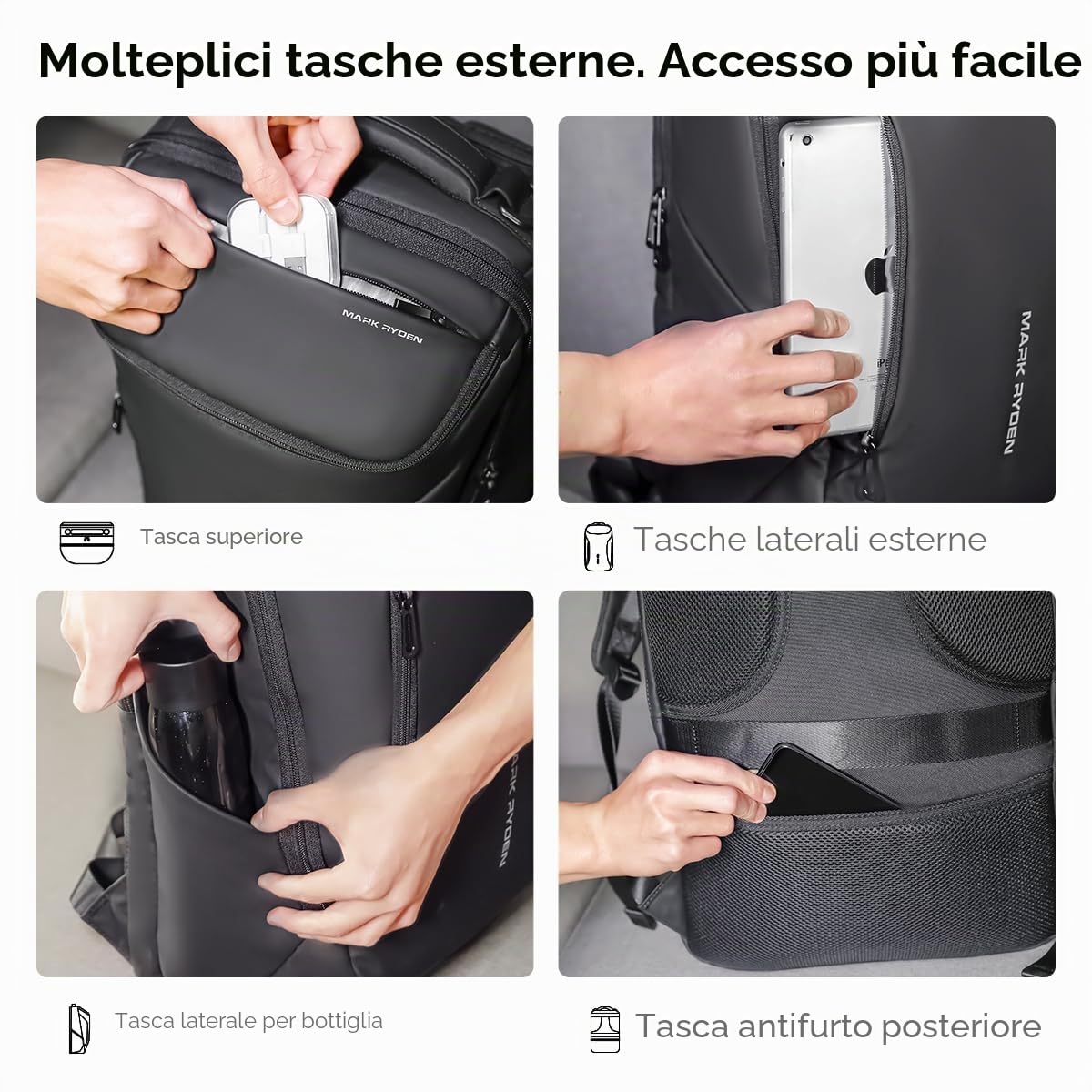 MARK RYDEN Zaino Grande capacità e impermeabile per gli uomini d'affari con porta di ricarica USB per i viaggi scolastici pack escursionismo per laptop sotto i 17,3 pollici