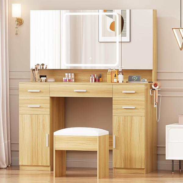 Airynee Vanity Desk with Mirror and Light, 9 Drawers Makeup Vanity Tables with Power Outlet, Tri-Folding & 3 Colors Adju