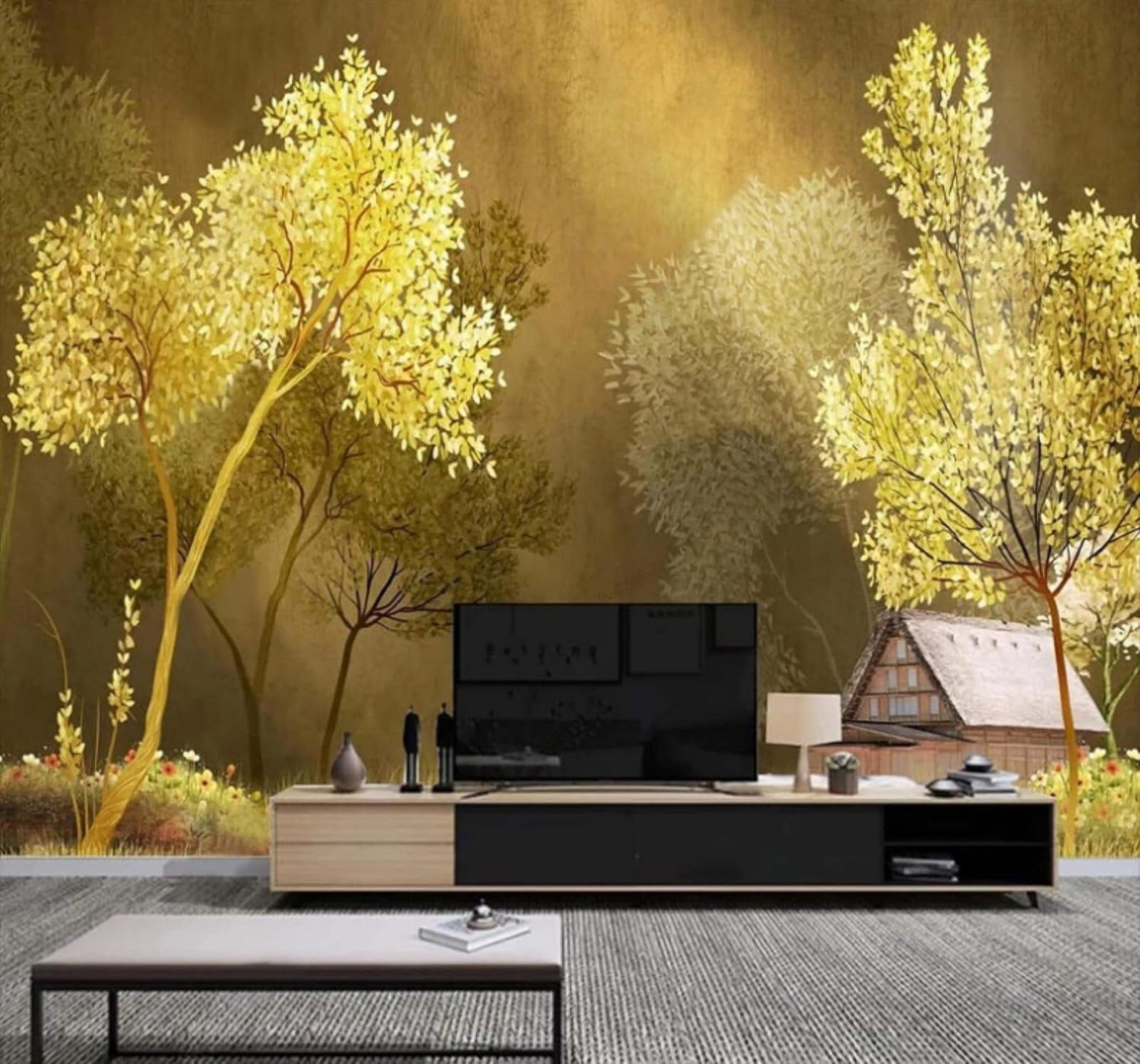 XLMING Hand Drawn Three Dimensional Forest Log Cabin Landscape 3D Wallpaper Luxury Home Dining Decor Paste Sofa Living Room The Wall for Bedroom Mural-150cm×105cm