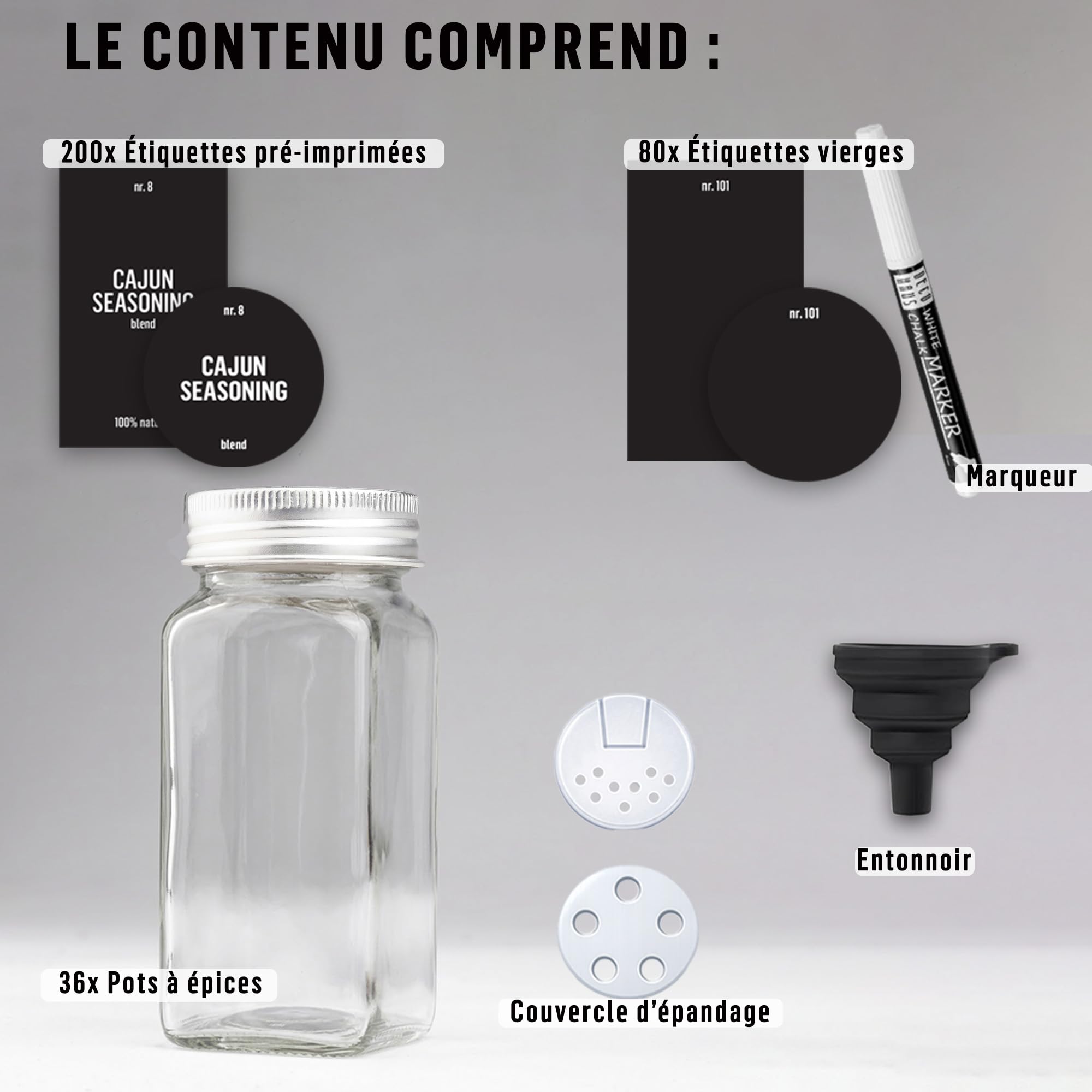 Deco haus® Lot de 36 Bocaux à Épices Carrés Hermétiques [avec Étiquettes & Saupoudreur] - Bocaux en Verre - Pot a Epices en Verre et Bois, Spice Jars - Récipients d'Épices - Pot à Epices