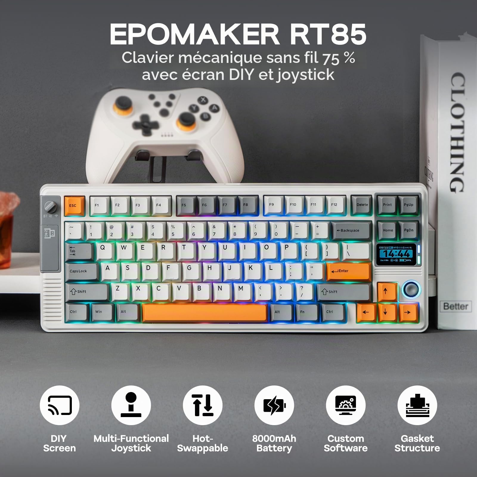 EPOMAKER RT85 Clavier Mécanique sans Fil avec Joystick & Écran DIY, 8000mAh, BT/USB/2.4Ghz, Gasket, Hot-Swap, Touches PBT, Clavier Gaming 75%, US QWERTY (Blanc, Switch Cristal Tactile)