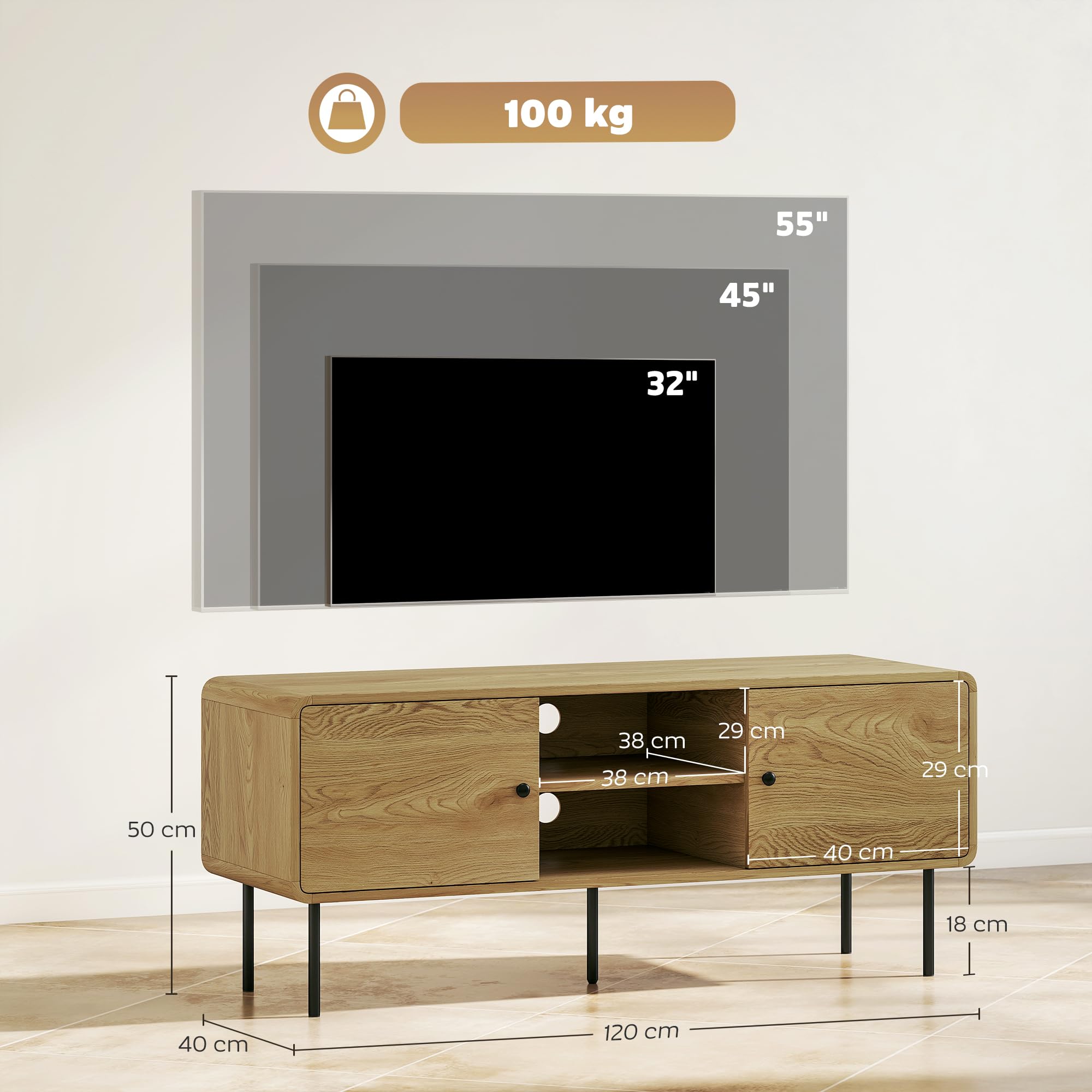 HOMCOM Meuble TV 120 cm avec Coins Arrondis, 55 Pouces, chêne | Passe-câbles, 2 Compartiments Ouverts, Pieds en Acier, Banc TV Moderne, Salon, Chambre à Coucher