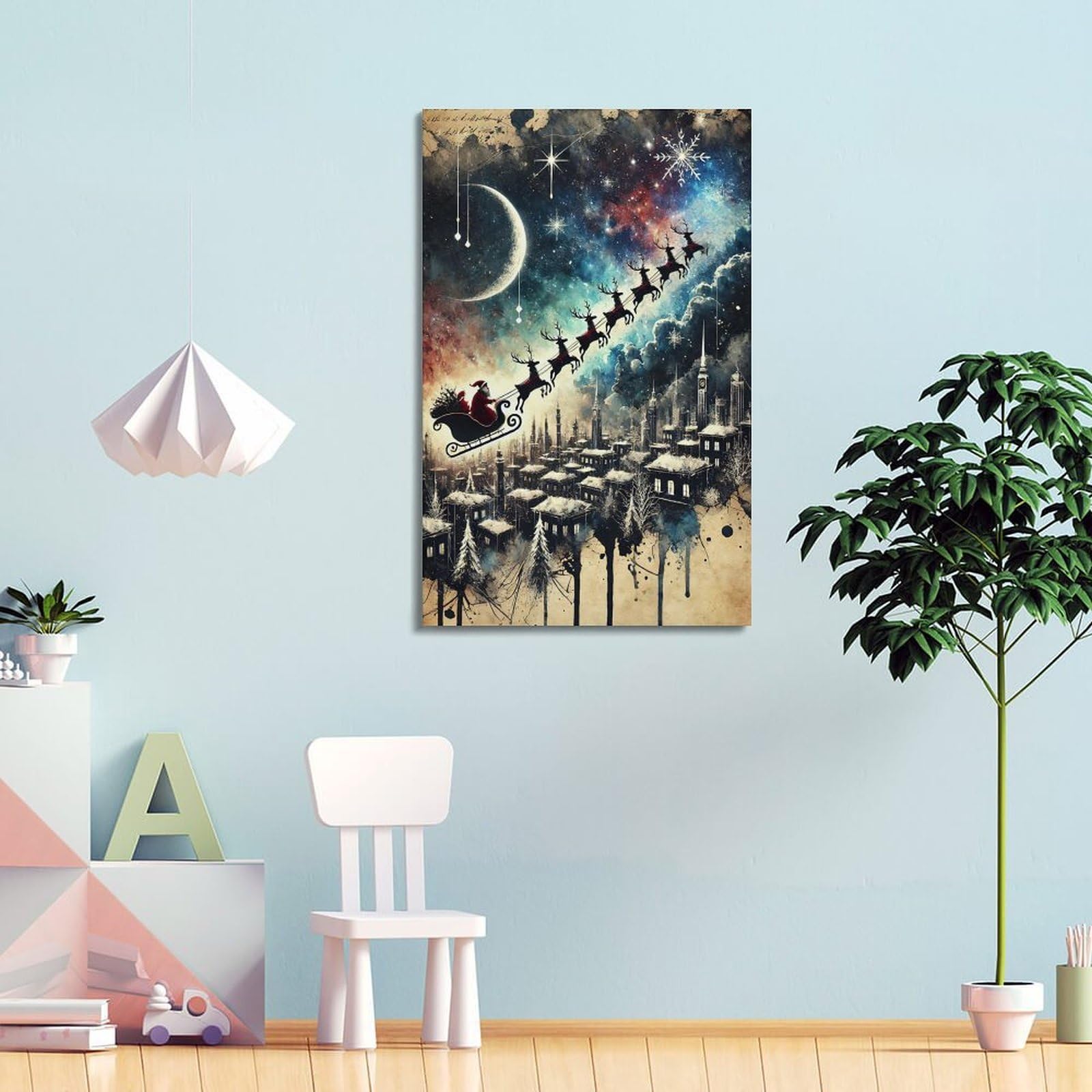 CWLLOG Stampe su tela da parete, poster natalizio con slitta interstellare sulla città, evidenziando festival di fantascienza, decorazione moderna per soggiorno e camera da letto, 60 x 90 cm