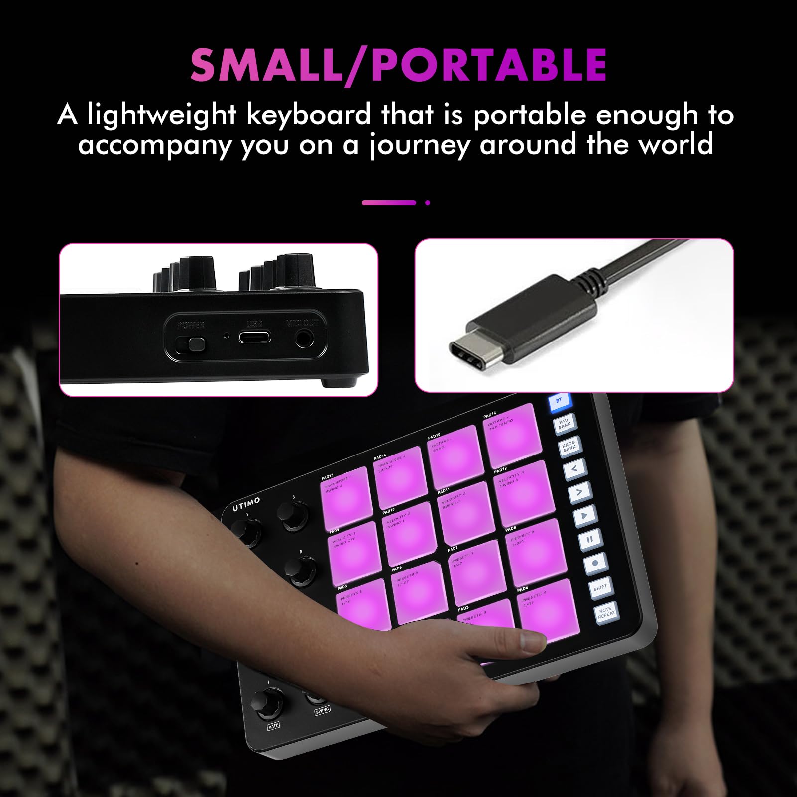 UTIMO Contrôleur MIDI Pad, SMC-Pad MIDI, Drum Pad 16 Touches RGB Rétroéclairé Clavier Musique Electronique Faible Latence Connexion Bluetooth Batterie Intégrée Noir