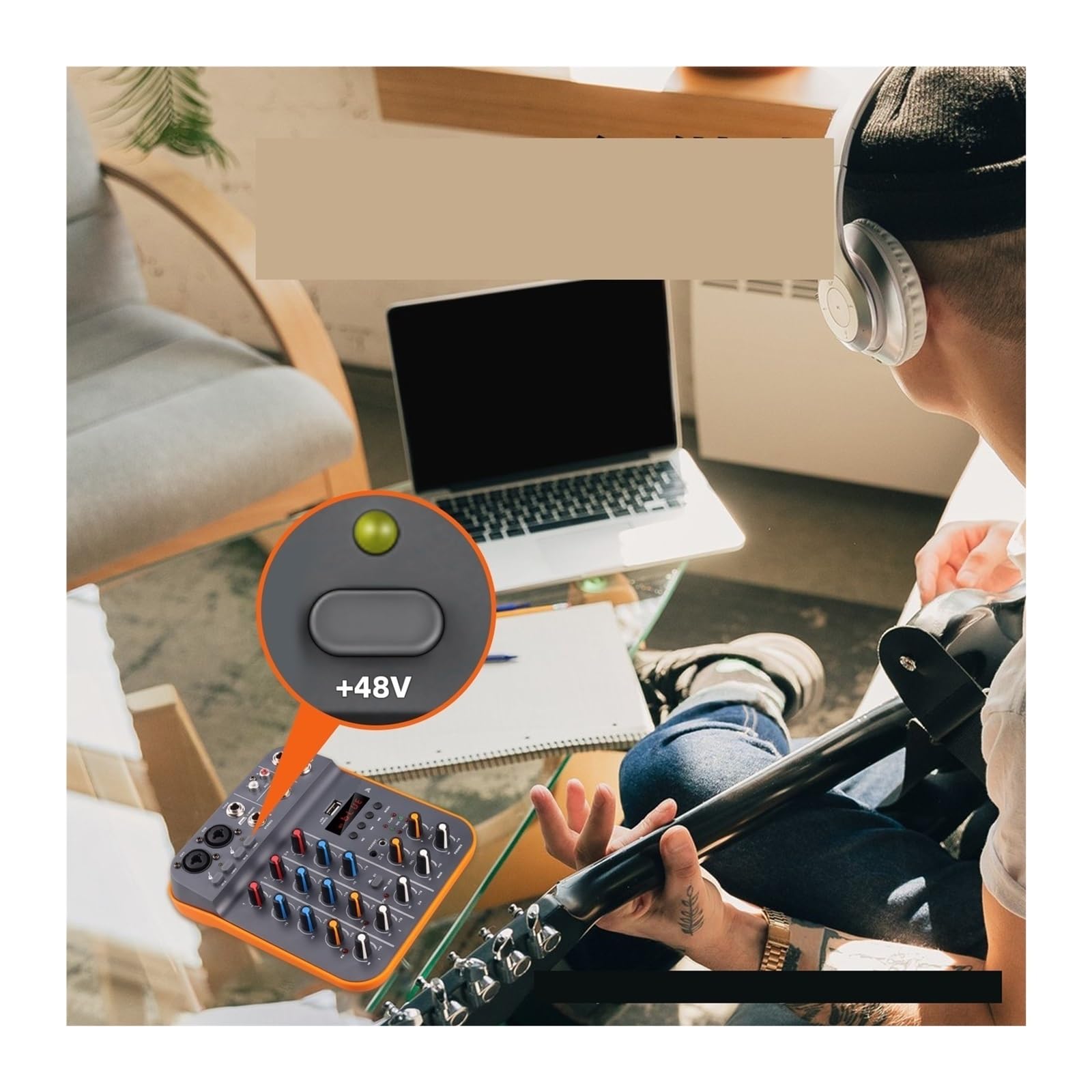 Mezclador de audio, Mezclador de audio Fuluode V4 Consola mezcla sonido USB Grabación por computadora Alimentación fantasma 48 V Retardo Repetición Efecto 4 canales