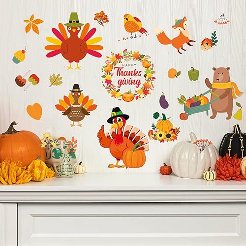 Miniatura 5 de 77 calcomanías de pared de otoño de Acción de Gracias, hojas de arce, calcomanías de pared de calabaza de otoño para ventana, camión naranja, pavo,