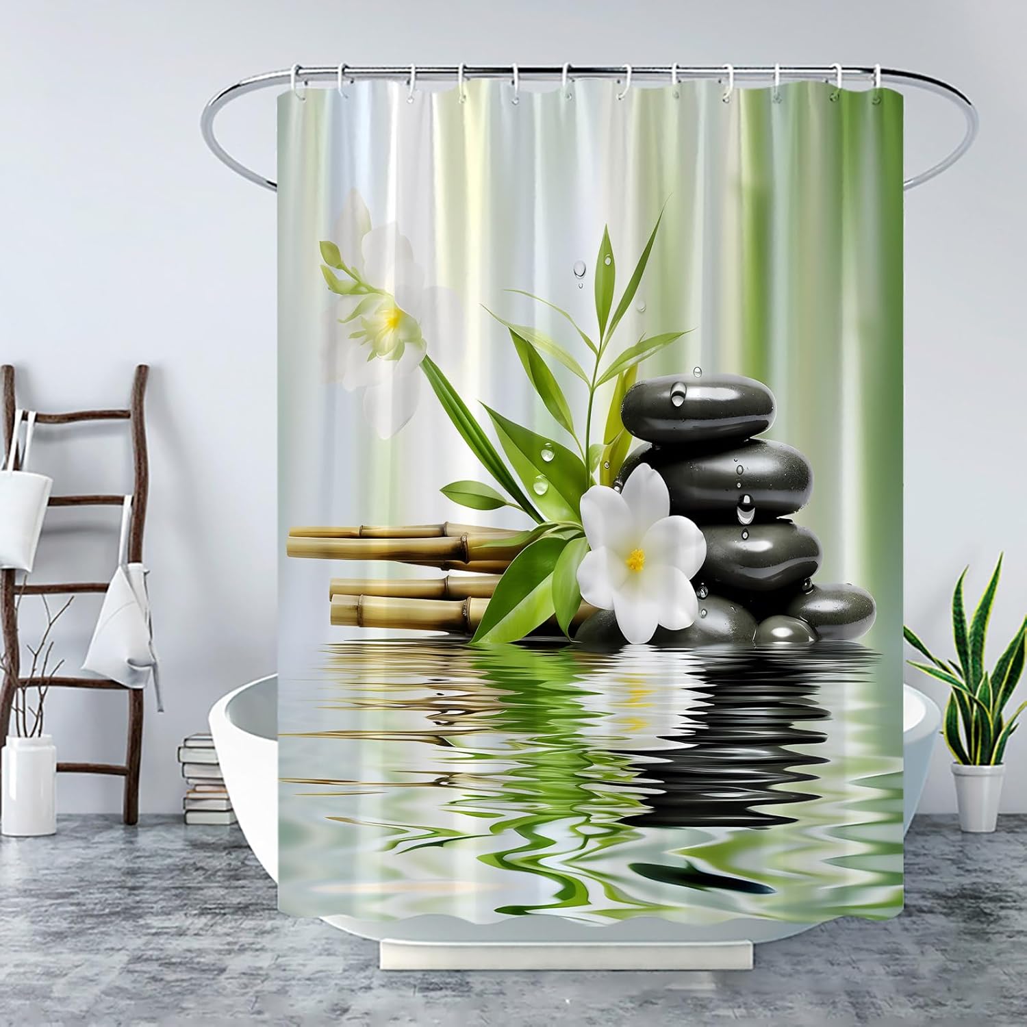 Stone Bamboo Shower Curtain Wild Grass Relaxing Art Theme Bathroom Decor Curtain Set with Hook
