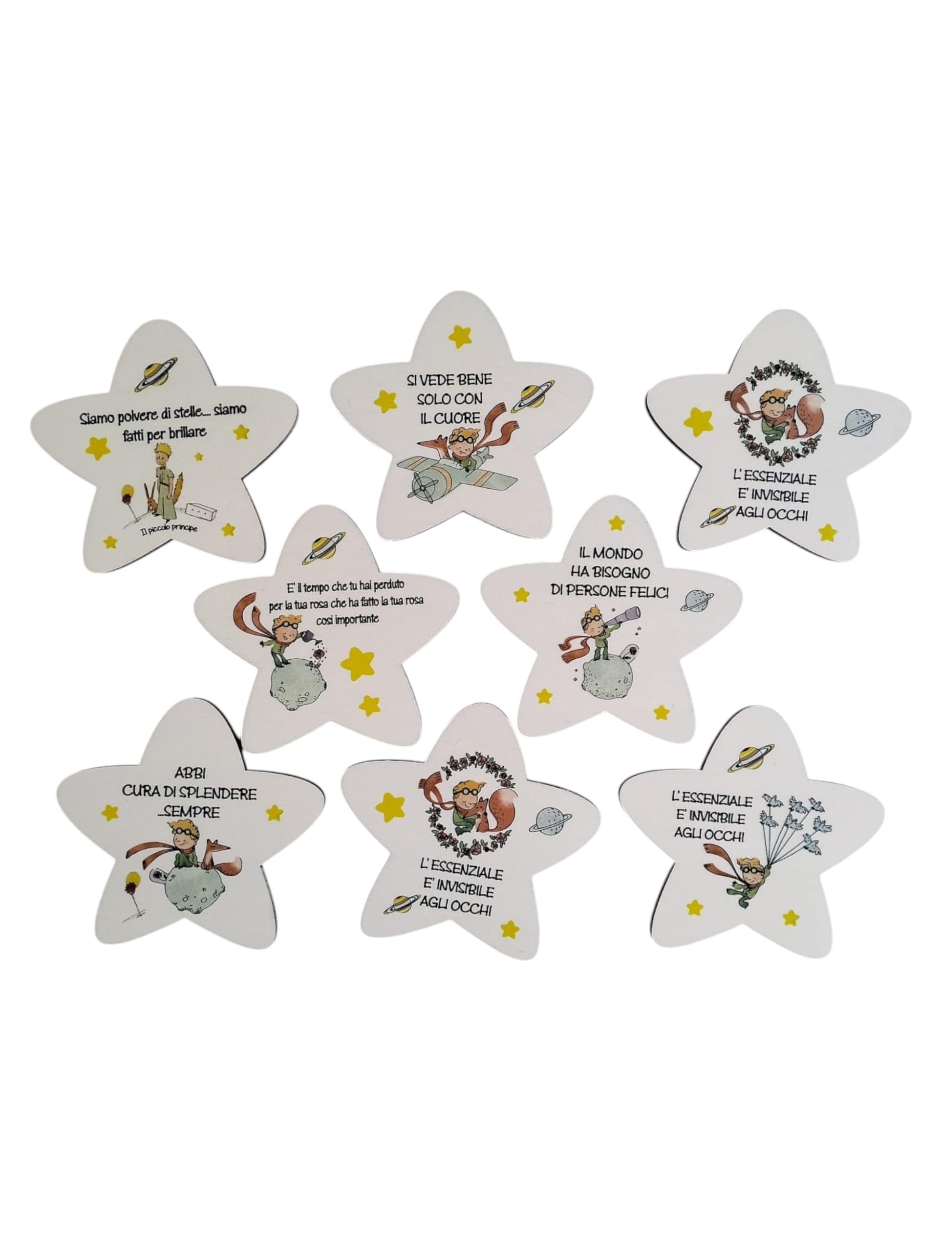 Magneti legno stellina con frasi motivazionali e disegni ispirati al Piccolo Principe – ideali per Bomboniere, sacchettini o segnaposto nascita, battesimo, comunione e cresima-KIT 8 PEZZI