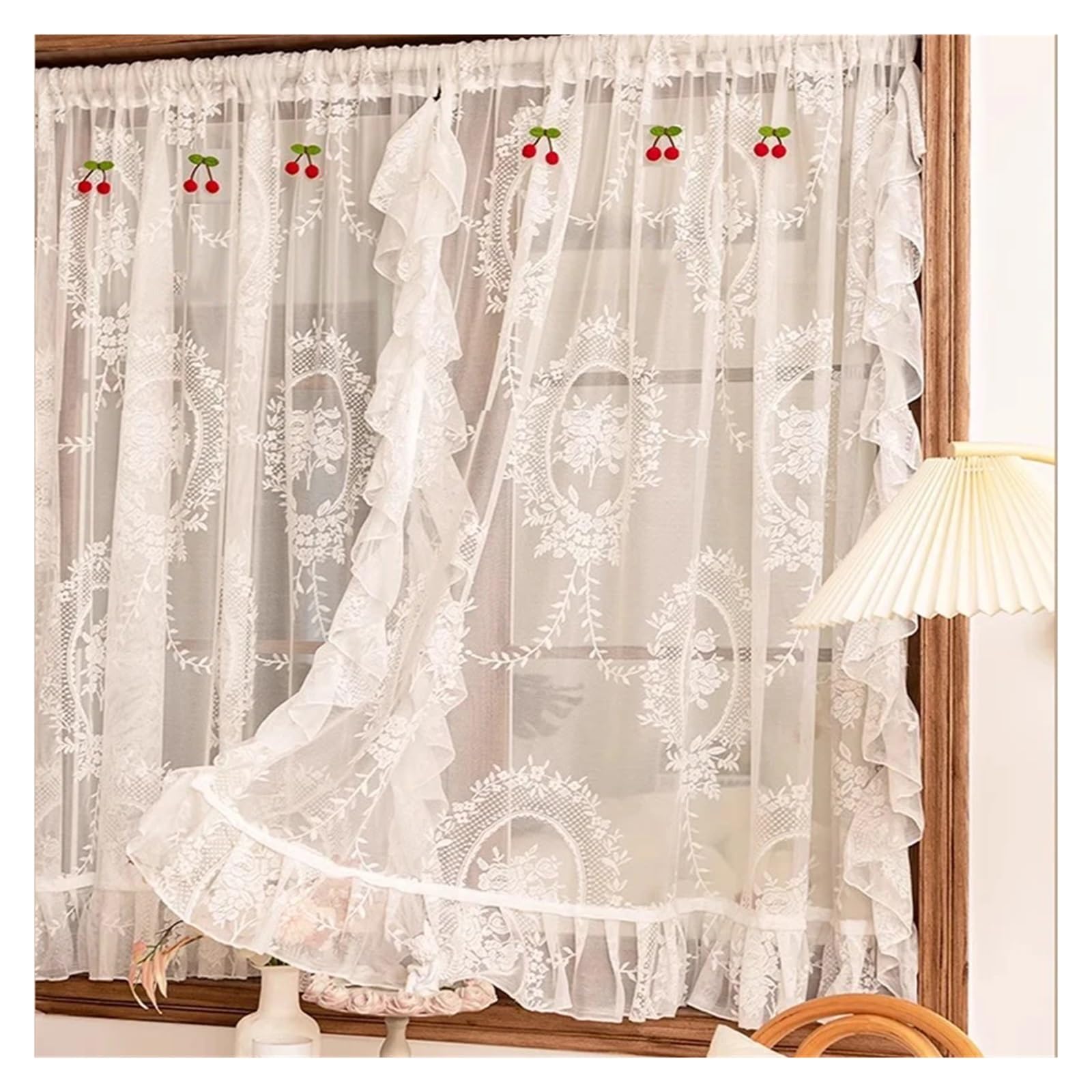 Gerüschte Vorhänge 1 PC Französisch Stil Rüschen Spitze Tüll Vorhang mit Kirschen Amerikanischen Retro Weiß Voile Sheer Vorhänge for Wohnzimmer Schlafzimmer(ROD POCKET PROCESS_W100 X H180CM 1PIECE)