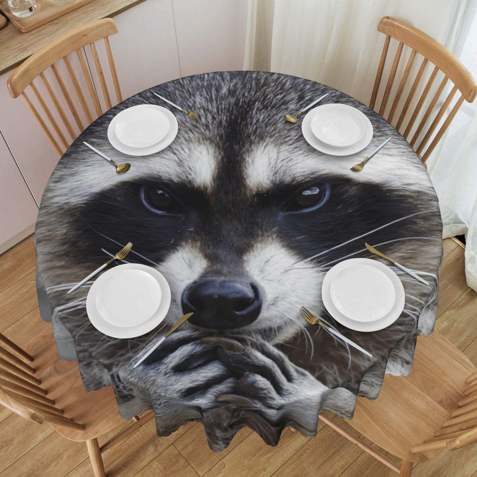 DCEHGEW 60 In Round Tablecloth with Lace, Cute Raccoon Printed Oilproof & Washable Fabric Picnic Table Cloth Table Covers