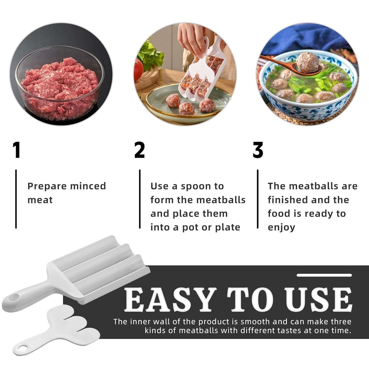 STAREWA Rice-Meat Dumplings Meatball Maker, Meat Baller Maker, Non-Stick Meat Baller Spoon with Cutting Spade, Shrimp Baller Tool, Meatball Mold Kitchen Utensils, Kitchen Supplies Pack of 2 3