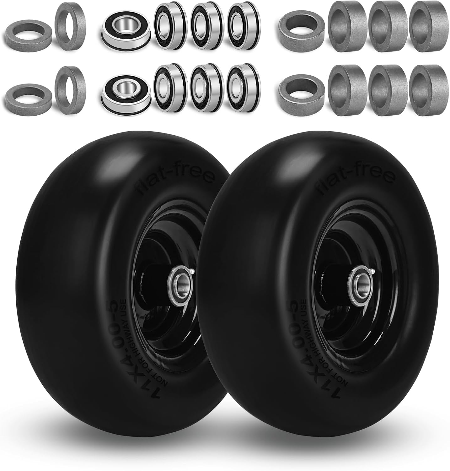 11x4.00-5 Lawn Mower Tires Flat Free and Wheel, 11x4-5 Smooth Solid Front Tires for Zero Turn Mower, 350Lbs Load, 3/4", 5/8" and 1/2" Bearings, 3.4"-5.8" Hub for Residential Commercial, 2PCS