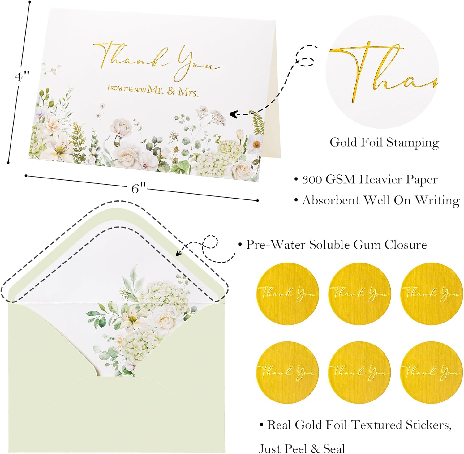 Crisky Green Floral Wedding Thank You Cards with Envelopes & Stickers From Mr & Mrs, 100 Pack Gold Foil Eucalyptus Leaves Thank You Greeting Note Cards Bulk for Bridal Shower - Image 2