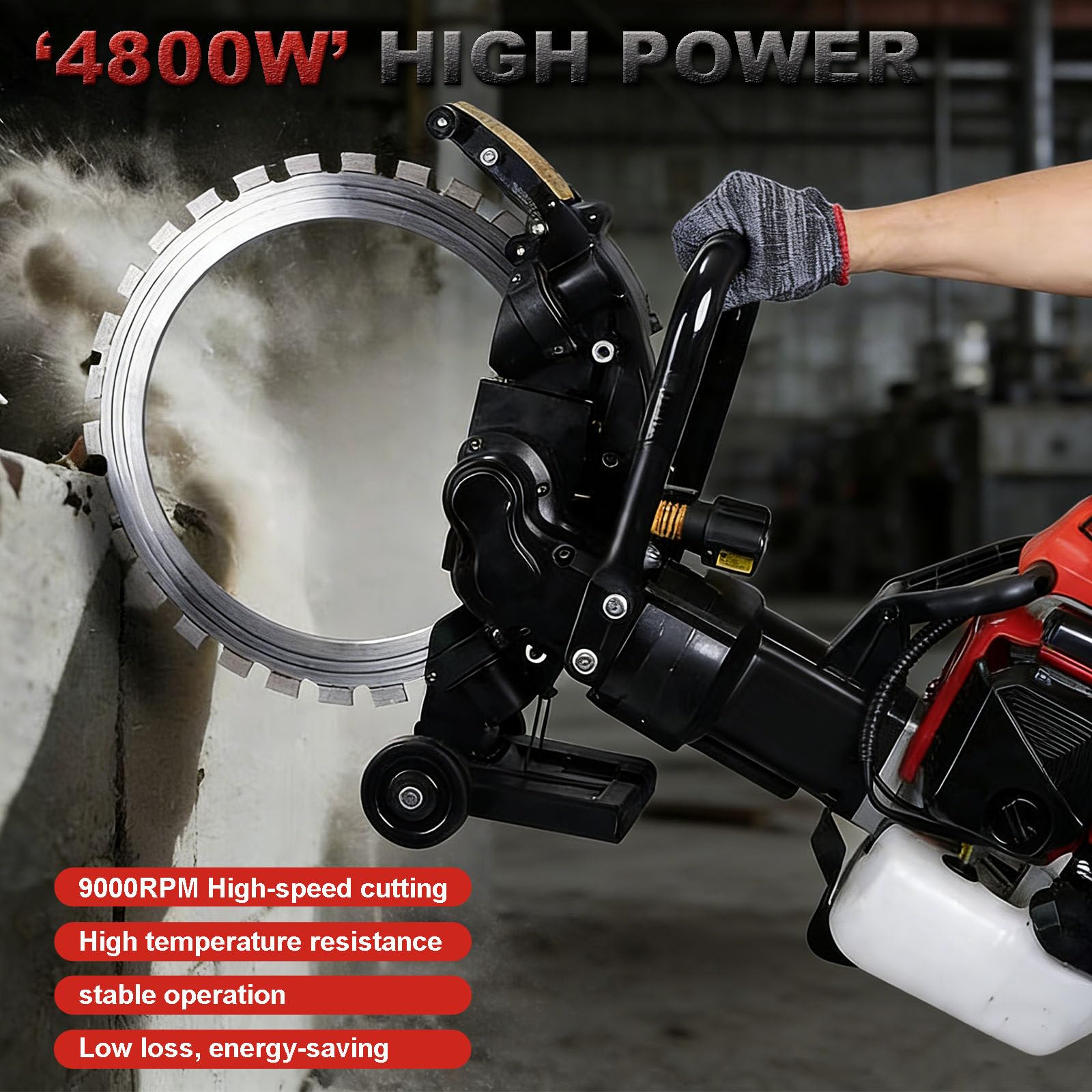 Sierra de Hormigón a Gas Inalámbrica 16" – 4800W 9000RPM Sierra de Corona Húmeda con Control de Polvo, Profundidad de Corte de 12" para Asfalto, Granito, Renovación & Trabajos Viales
