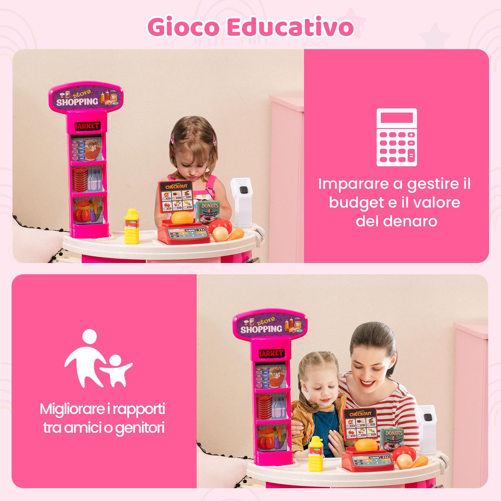 RELAX4LIFE Supermercato per Bambini con Banco, Carrello della spesa e Cestino, Bilancia Simulata, Cassa con Effetti di Luce e Suono, Supermercato Giocattolo con 29 Accessori per Bambini 3+ Anni (ROSA)