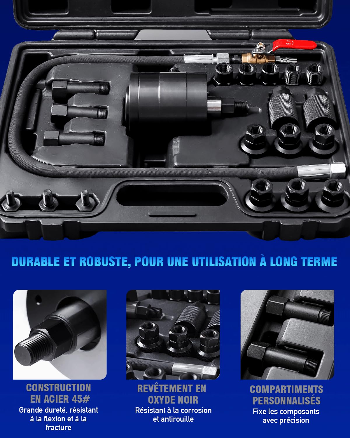 INCENDIOS 24PCS Kit Extracteur d’Injecteurs Diesel Pneumatique, Extracteur Injecteur Pneumatique avec 19 Adaptateurs & 3 Connecteurs 1/4" (US/UK/EU), Extracteur à Air Comprimé Injecteur 5-8 Bars