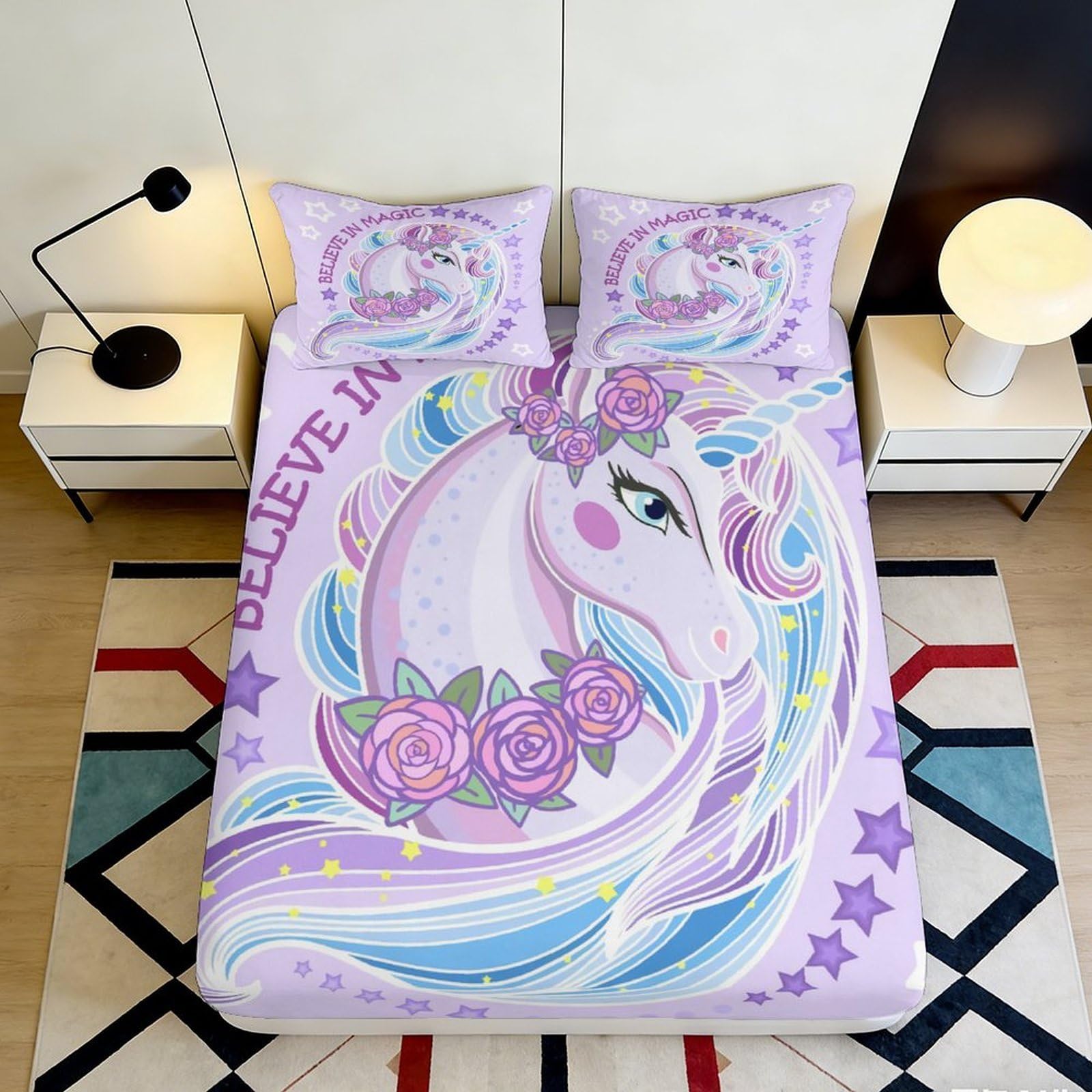 3D Printed Pastel Unicorn Fitted Sheet Microfiber Soft Easy Care Floral Rainbow Mattress Cover for Bedroom Guest Room Dorm Decor 90x200x25cm